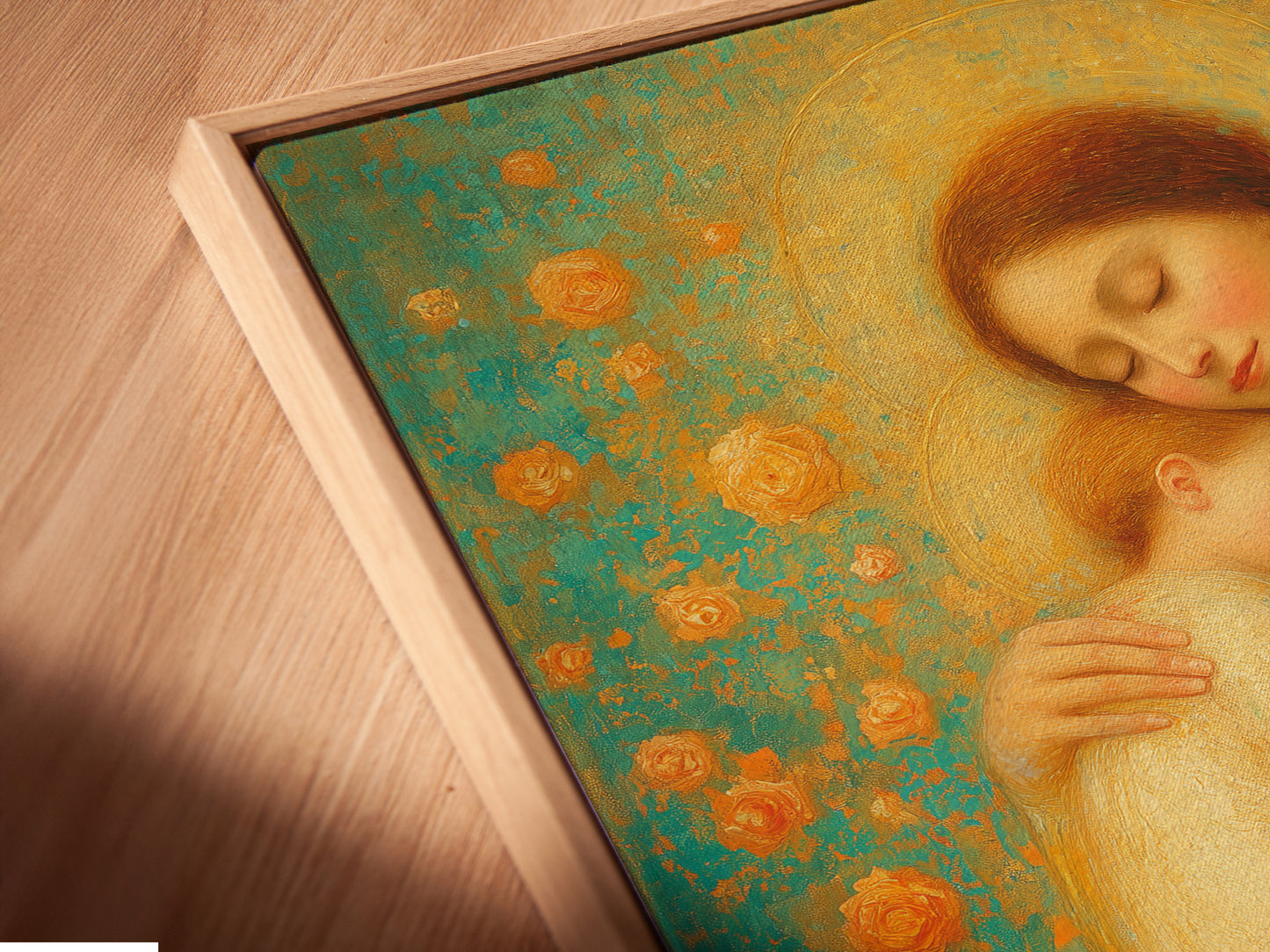 A close-up shot shows a canvas print. It is displayed in a floating frame. The floating frame gives a modern gallery style. It separates the art from the wall. This creates a unique visual effect.