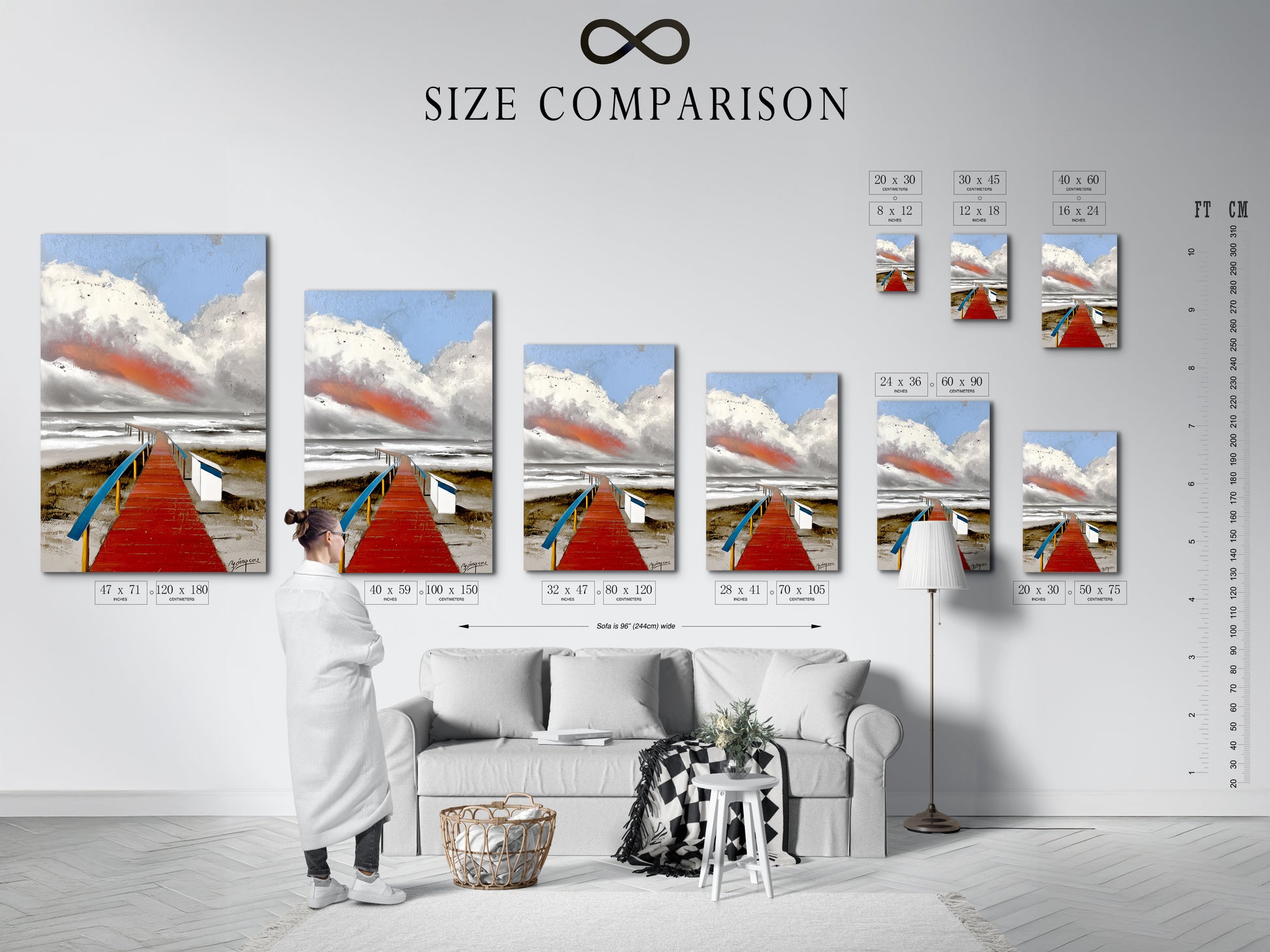 Size comparison chart in an interior setting displaying the different sizes of the artwork. Choose the perfect dimensions for your space. The coastal artwork features a red boardwalk and seascape. Ideal for homeowners and interior decorators seeking beach-themed art.