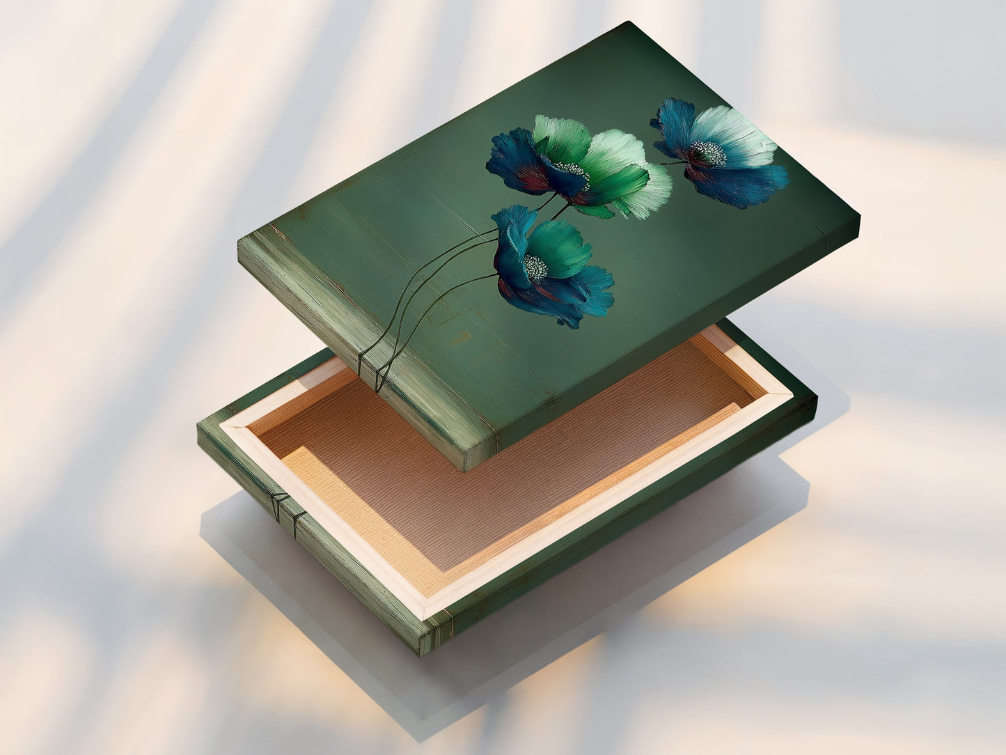 See a stretched canvas print of our floral artwork. The canvas brings out the best in blue and green botanical wall art. It's ready to hang and enjoy in your living room or bedroom. Discover flower artwork that complements your home decor.