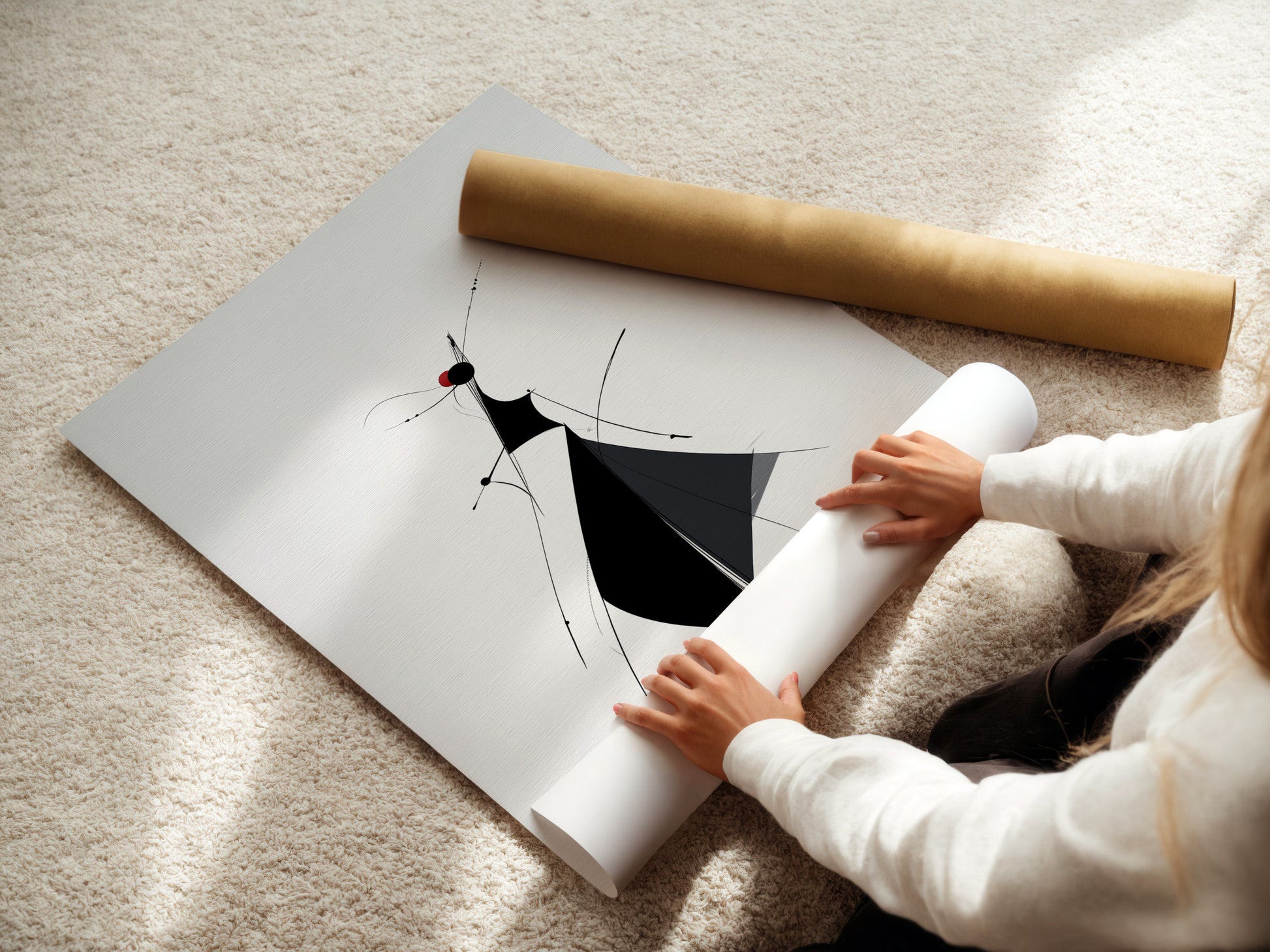 A woman carefully rolls a fine art poster paper. This ensures protection during shipping. High-quality fine art poster paper is used. Get ready to display your new artwork. We take care in every step of the process. Your art arrives in perfect condition.