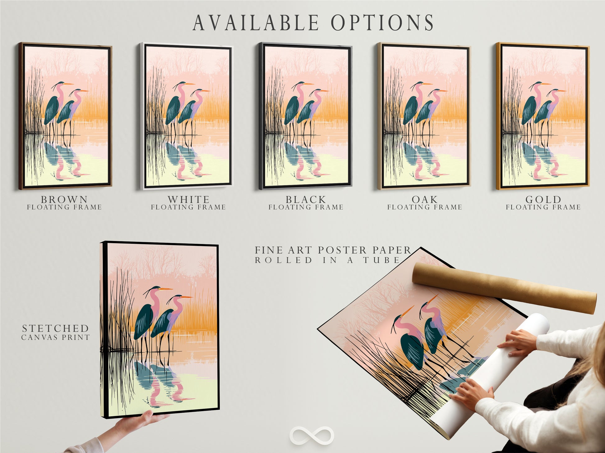 Available options for the heron artwork. Choose from a stretched canvas print fine art poster paper or a floating frame. Customize your coastal wall art to match your decor. Find the perfect piece for your style.