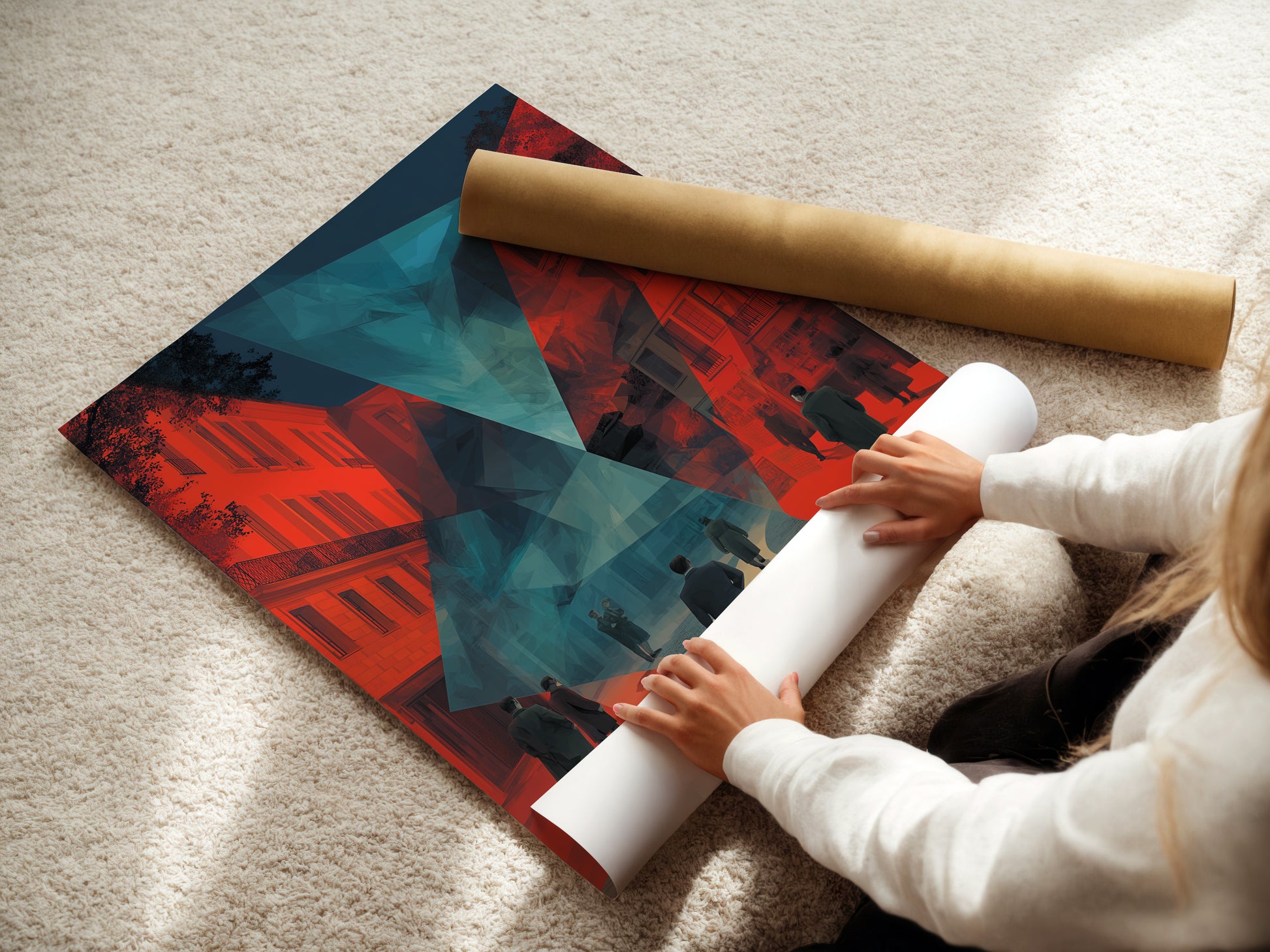 A woman is carefully rolling a fine art poster paper. She is preparing it for framing or display. High-quality poster paper ensures vibrant and lasting artwork. Discover the possibilities of fine art prints. Elevate your art collection with posters.