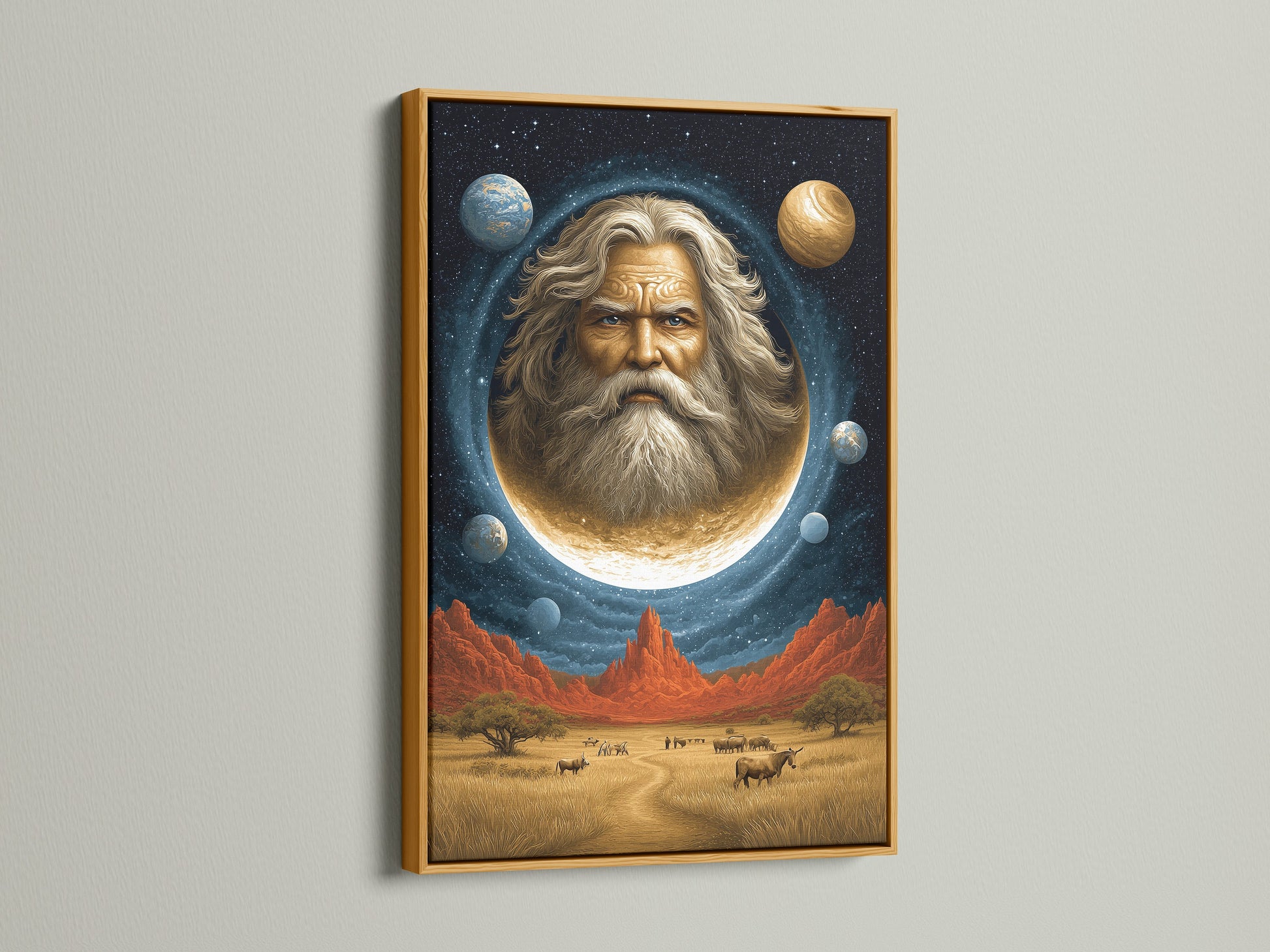 Elevate your space with this cosmic portrait wall art. A celestial man in the moon is framed in gold. This surreal space canvas print adds a mystical touch. The Southwestern style blends beige and blue hues. Perfect for homeowners and spiritual advisors. Ideal for Living Rooms Offices Meditation Rooms studios lobbies and wellness centers.