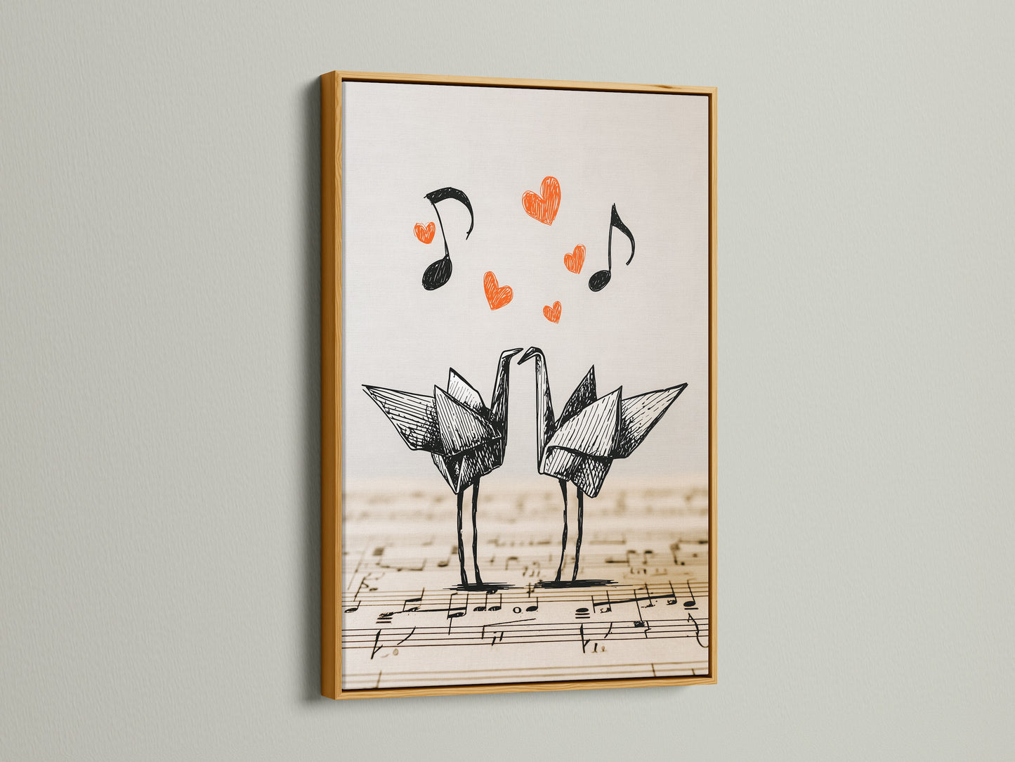 Artwork of origami cranes in a gold frame. The artwork showcases two origami cranes on a music sheet background. Red hearts and music notes accent the piece. The gold frame adds a touch of elegance.