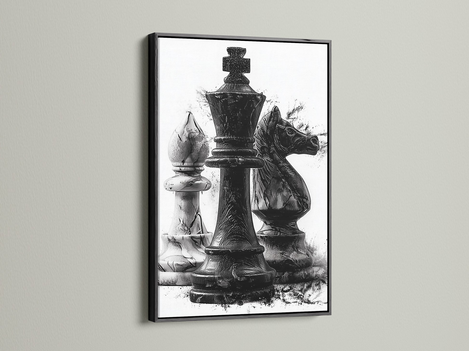 Black frame artwork featuring chess pieces is mounted on a wall. The art's texture is illuminated by the light. It is suitable for a game room or office setting. Enhance any space with this artwork. A bold and elegant statement piece. This artwork is sure to impress.