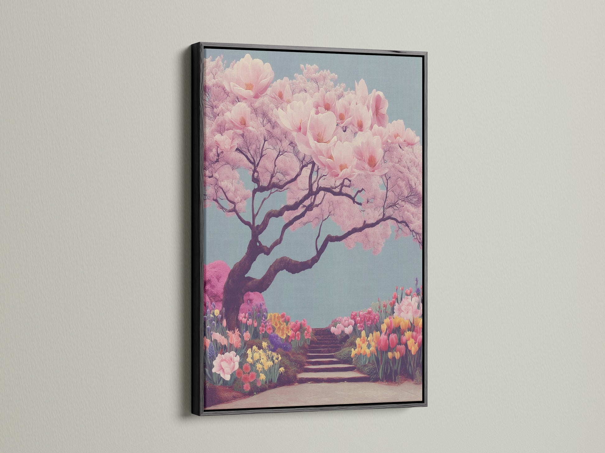 This black framed cherry blossom tree artwork brings elegance to any room. The Japanese garden canvas print features delicate pink sakura. This nature canvas art is perfect for bedroom wall art. The botanical print enhances office clinic or cafรฉ spaces. Enjoy the serene beauty of this Asian wall art.