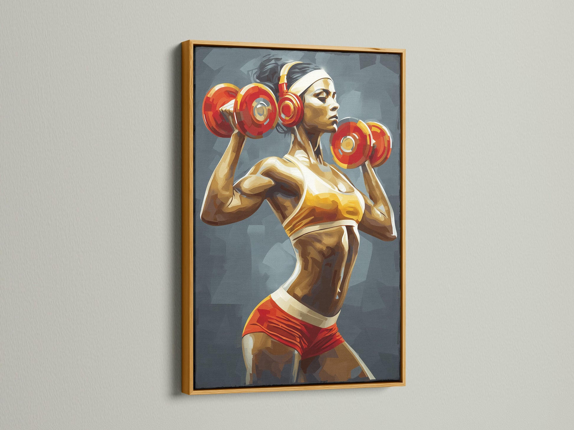 Elevate your gym decor with this gold-framed female fitness artwork. This strong woman art print motivates your workout. The weightlifting canvas print enhances your home gym. Inspire strength and dedication. Transform your space today.
