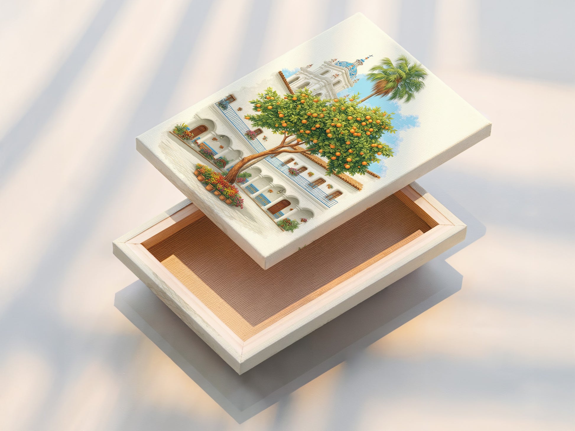 A stretched canvas print of the Spanish Courtyard artwork. The artwork features a white building with a blue dome and an orange tree. Stretched canvas provides a gallery-quality look. Add a touch of Mediterranean style to your living space with this canvas print.