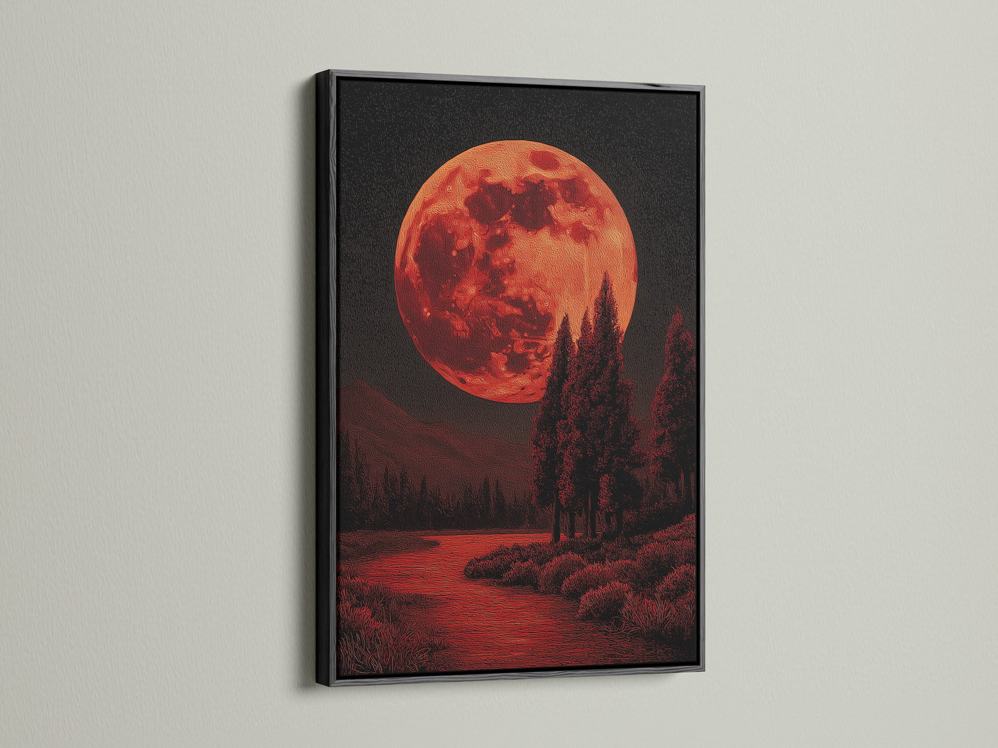 The red moon art is powerfully displayed in a black frame. This gothic wall art adds a dramatic touch to any room. The artwork provides a unique blend of celestial and dark themes. Get yours today.