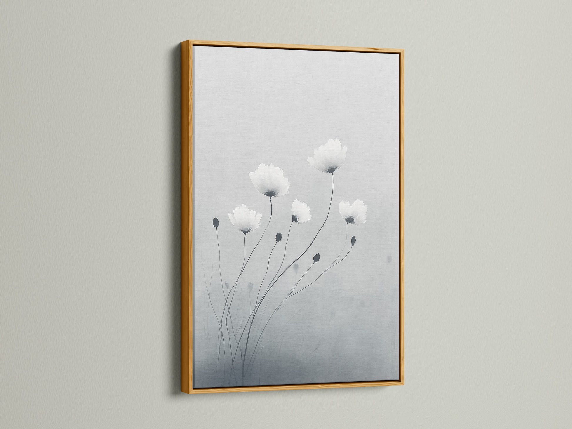 Add a touch of luxury with minimalist flower artwork in a gold frame. This botanical print features soft gray and white tones. It is perfect for modern canvas art in your living room. Gold frames enhance the elegance of delicate flower artwork.