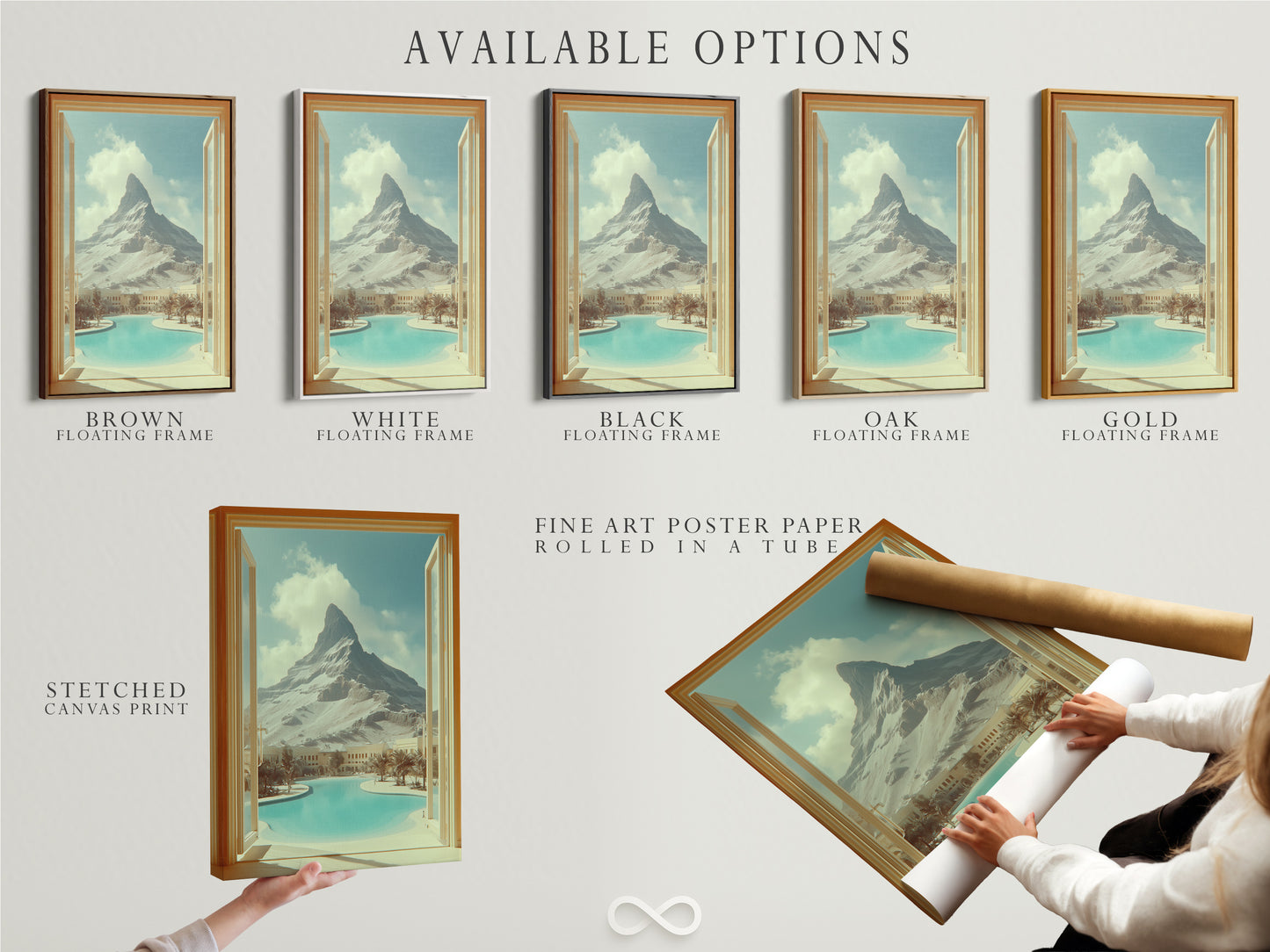 Available options include a stretched canvas print fine art poster paper and floating frame. Mountain view artwork enhances modern spaces. The open window artwork brings the desert oasis to you. Perfect for vacation rentals. Elevate your space.