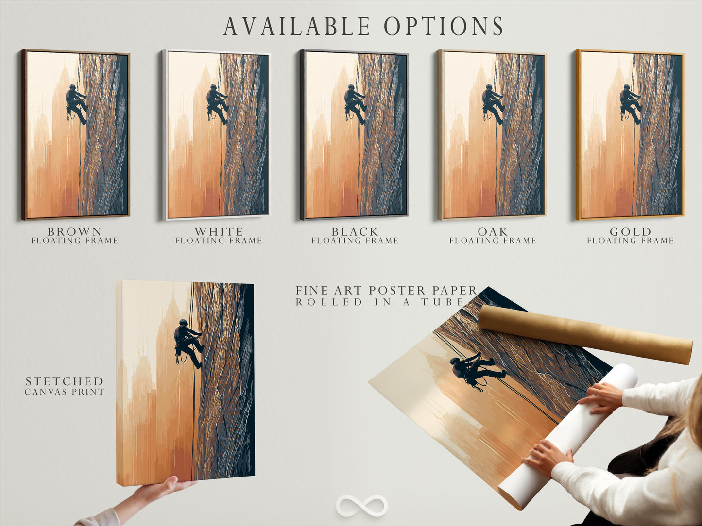 Explore available options for rock climbing artwork. Choose from stretched canvas prints. Or fine art poster paper. The floating frame option is modern. Find your perfect adventure art.