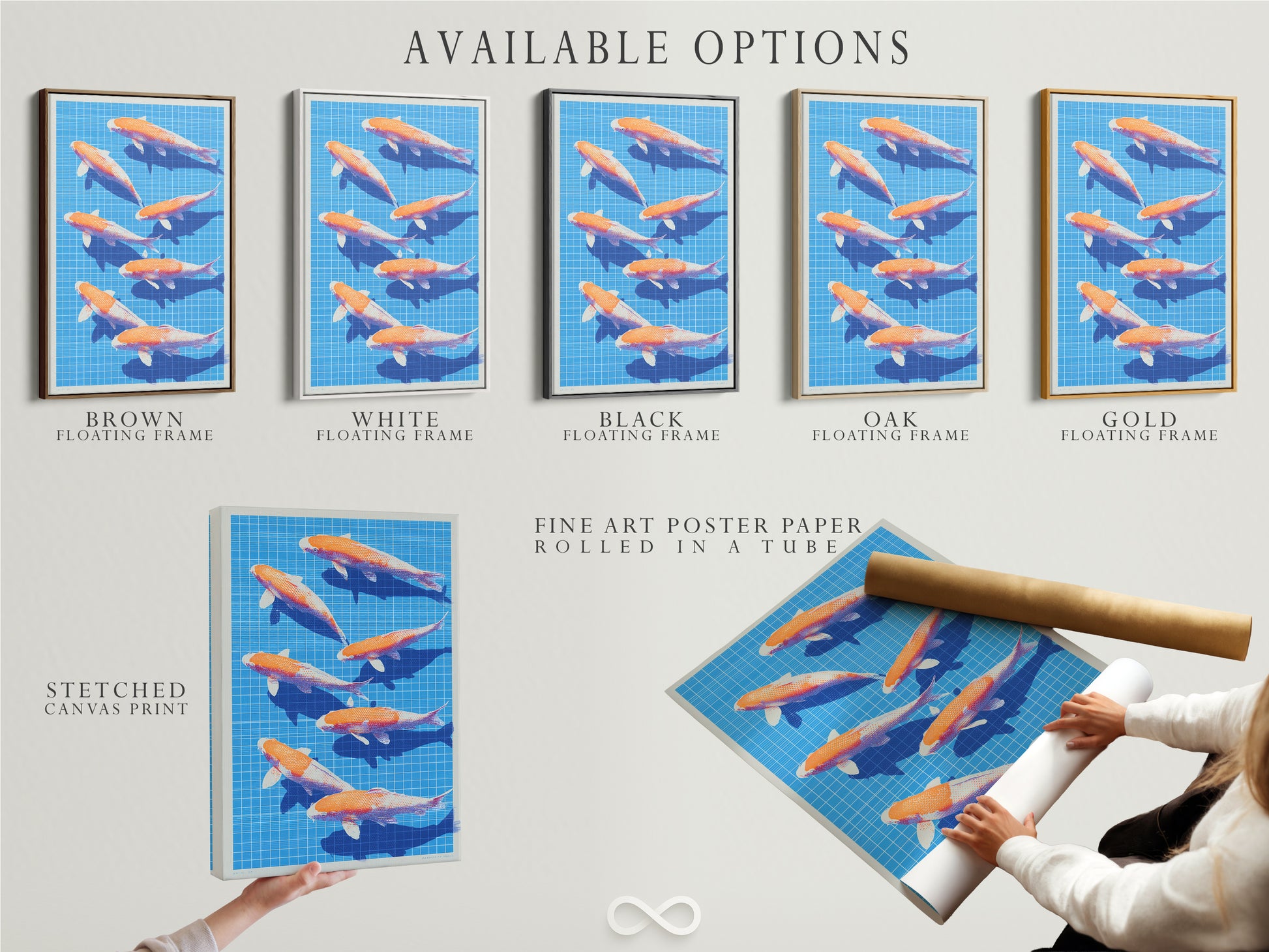 Explore available options for your artwork. Choose from stretched canvas prints fine art poster paper or floating frames. Each option offers a unique aesthetic. Tailor your artwork to suit your personal style. Find the perfect presentation for your Koi Fish artwork.