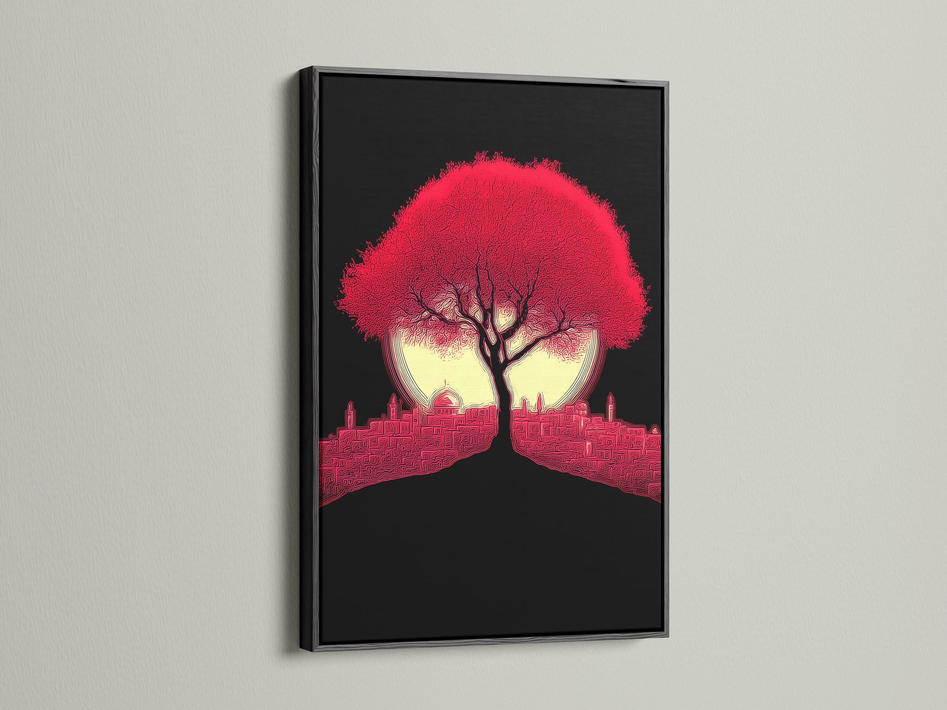Crimson Tree artwork in a black frame. The red cityscape wall art is a modern silhouette. The artwork creates a bold statement. This skyline art fits minimalist or eclectic styles. A great choice for office wall decor.