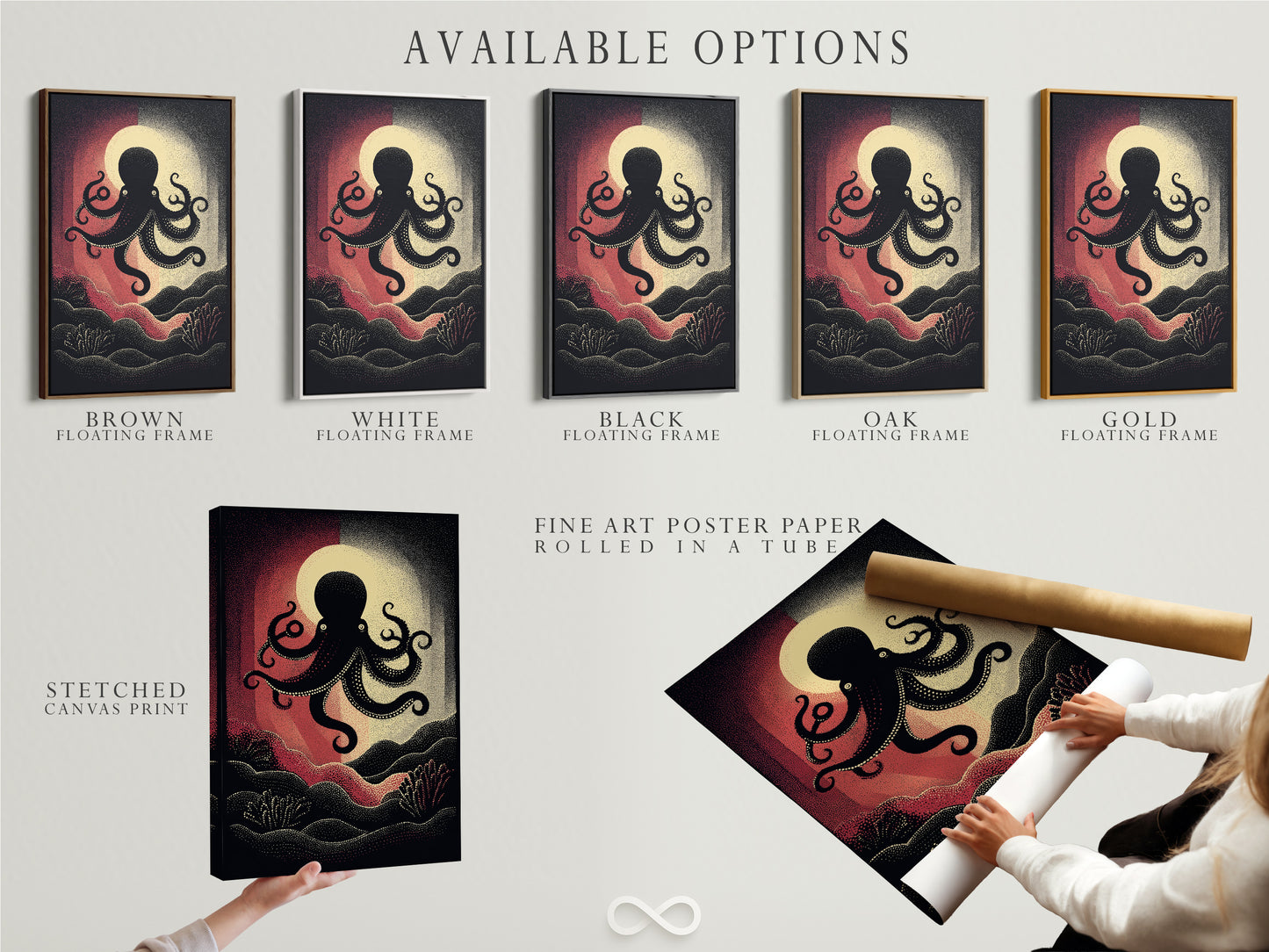 Explore available options for the octopus artwork. Choose between a stretched canvas print fine art poster paper or floating frame. Customize your nautical wall art. Create the perfect vintage sea creature artwork for your space. Find the ideal ocean canvas art for coastal decor.