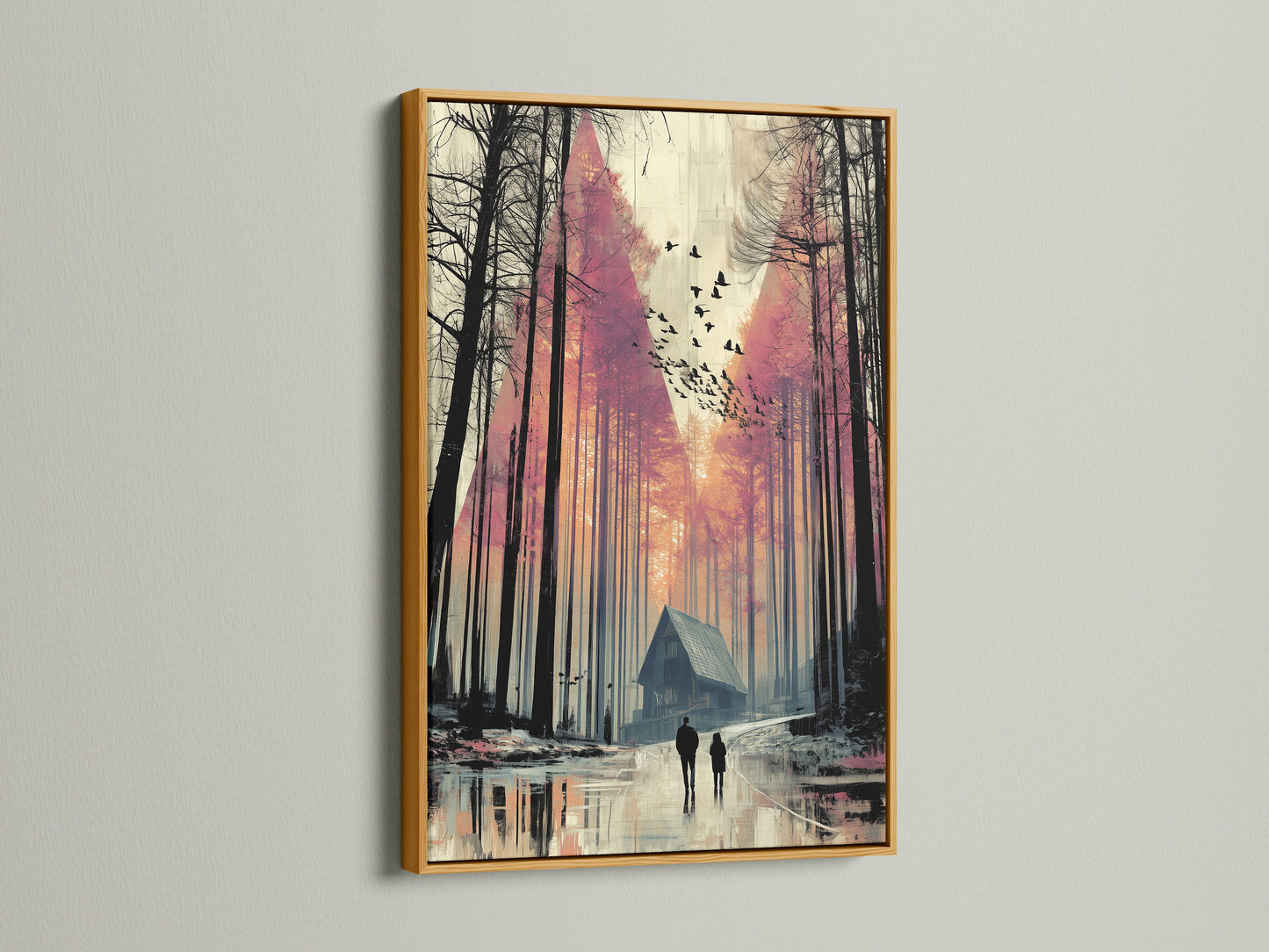 A forest cabin canvas print is luxuriously presented in a gold frame. The gold frame adds a touch of sophistication to the artwork. This moody landscape artwork creates a focal point. Ideal for living rooms lobbies or boardrooms.