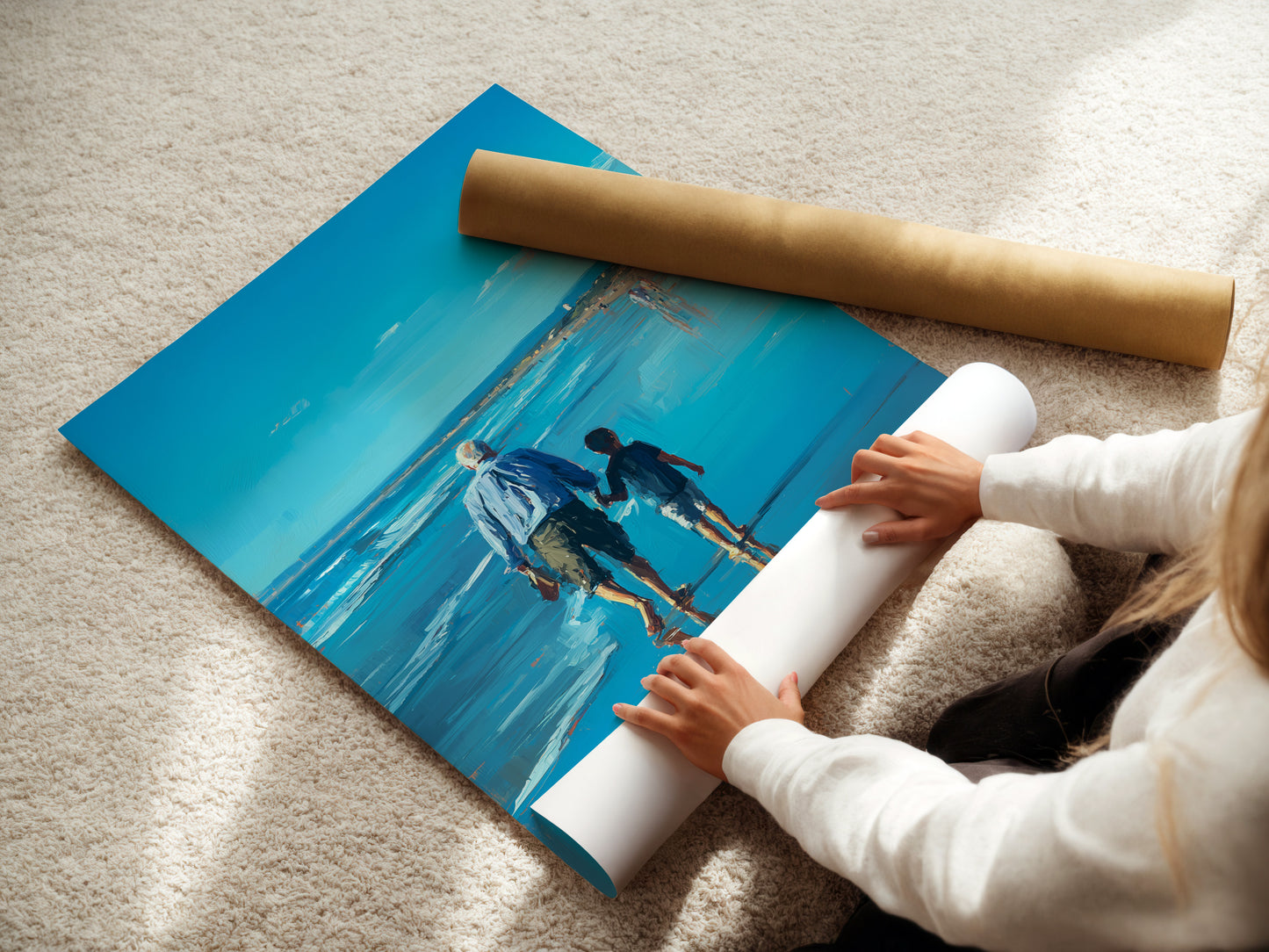 A woman is shown rolling a fine art poster paper. The paper is handled with care to protect its quality. This poster paper is ideal for printing high-resolution artworks. It ensures vibrant colors and sharp details. This fine art paper elevates any print to gallery quality.