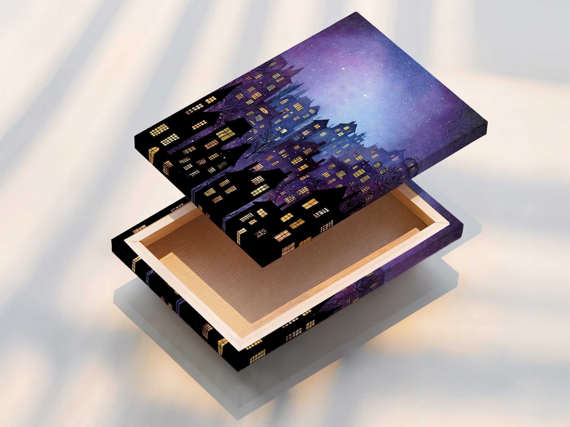 Close-up of a stretched canvas print. The artwork features a captivating cityscape with glowing windows. The canvas is stretched perfectly. It is ready to hang. The stretched canvas print offers a gallery-quality look. This is a great way to showcase your favorite artwork in your home or office.