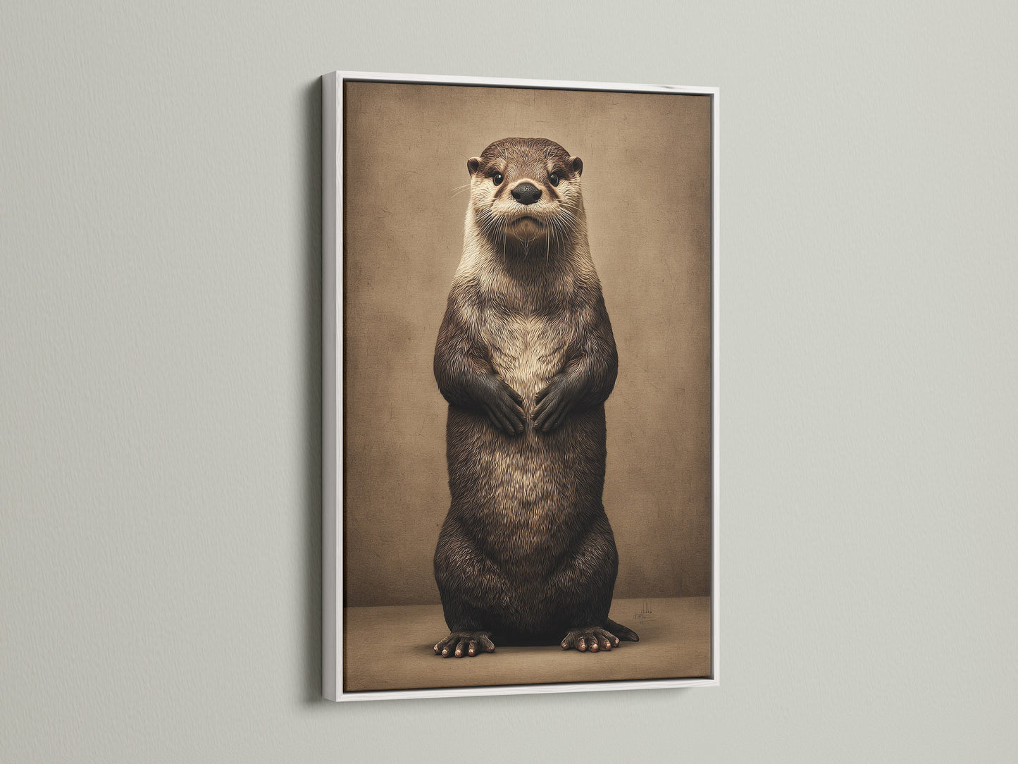White frame highlighting an otter art print. The artwork is a whimsical animal design. Perfect for nursery wall decor and bathroom wall art. This cute animal art adds a touch of nature. The otter artwork is a great gift for woodland animal enthusiasts. It complements contemporary and Scandinavian styles