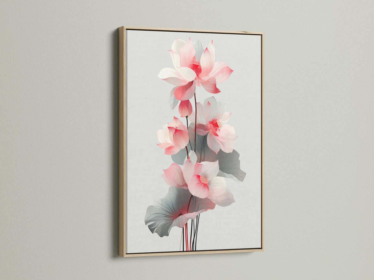 A framed lotus flower artwork with an oak frame. This floral canvas print offers a natural touch to your wall art collection. Ideal for minimalist and Scandinavian interiors. Enhance your space with botanical artwork.