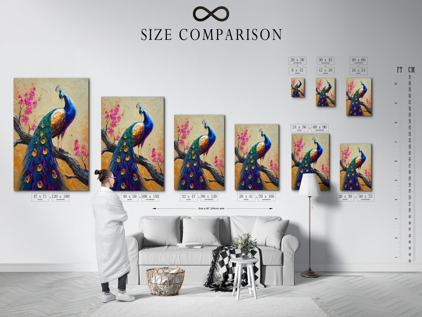 A size comparison chart is displayed in an interior setting. The chart shows various sizes of the peacock artwork. This helps customers visualize the art in their own spaces. Different sizes are available to suit any room.