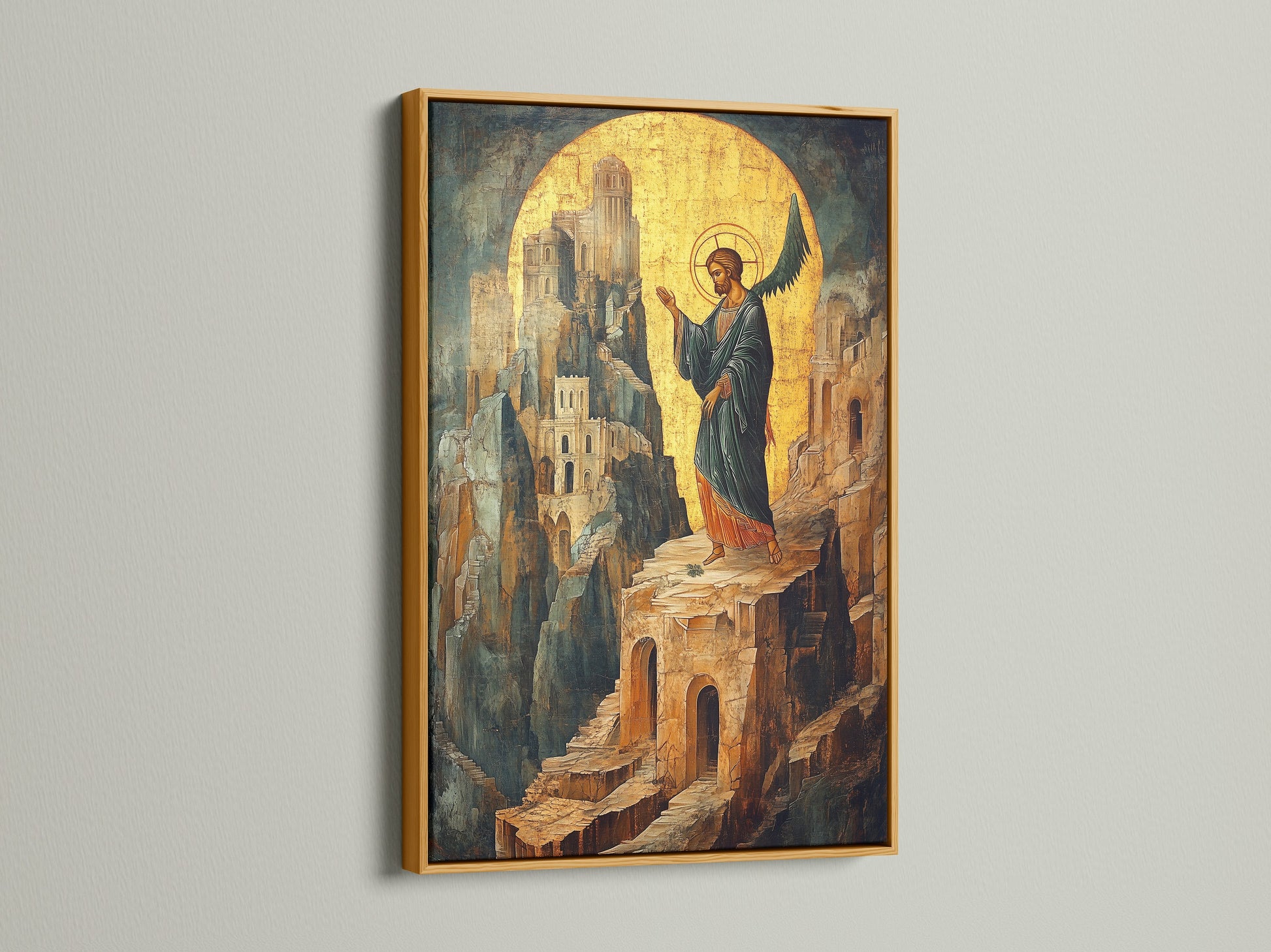 A gold frame is used to showcase the Byzantine Angel Art Print. This religious artwork is perfect for collectors. The gold frame enhances the Victorian style. Elevate your Christian home decor with this spiritual wall art.