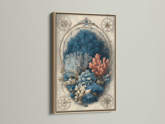 A beautiful artwork is framed in oak. The oak frame enhances the vintage nautical art. Coral and compass details create a stunning piece. This wall art brings a touch of the ocean indoors. It is an eye-catching art piece.