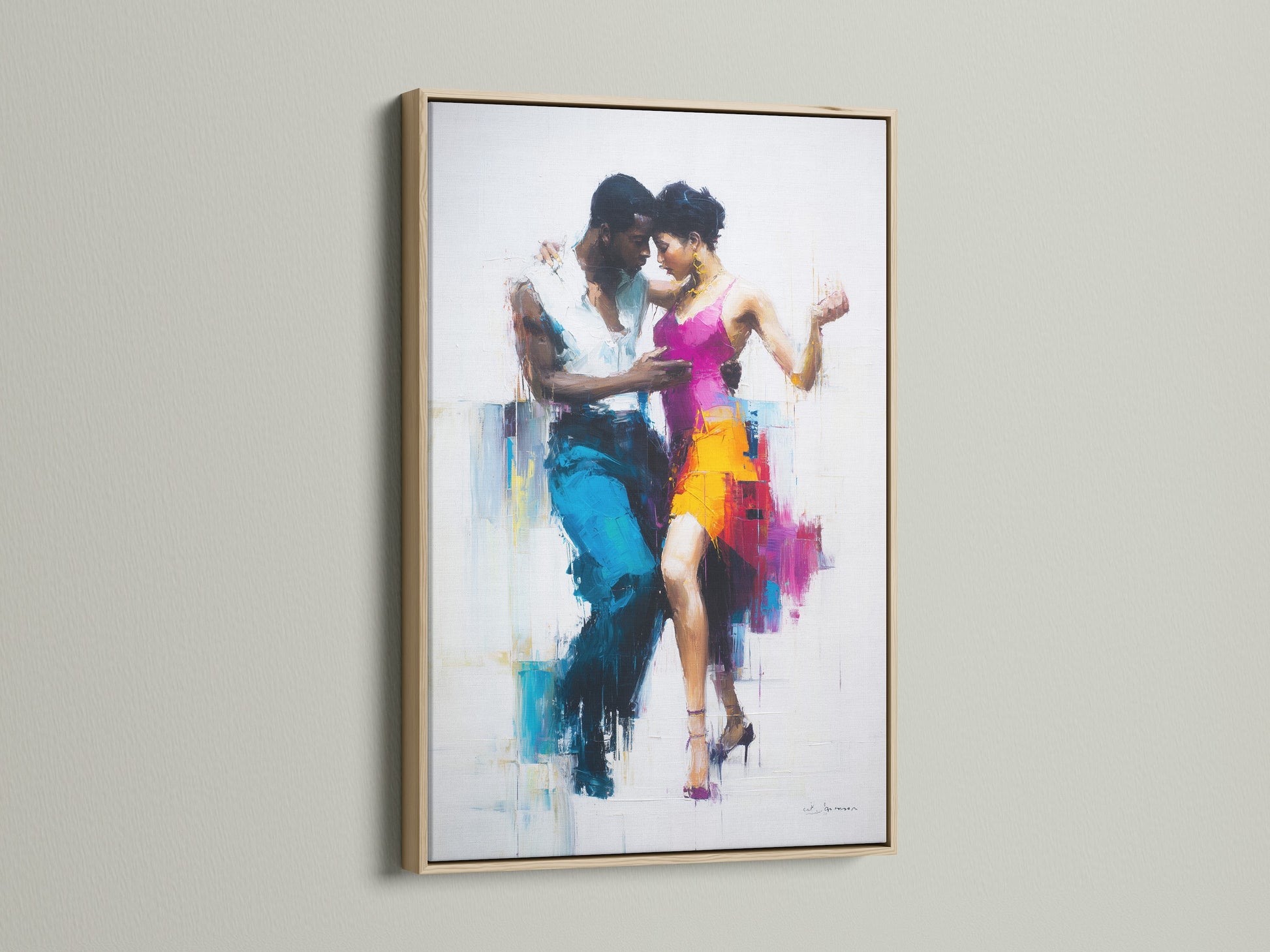 An oak frame art piece is displayed. The artwork shows a dancing couple. The oak frame provides a natural. It has a sophisticated border. The art brings warmth to the setting. The colors are vibrant and expressive. The couple dances with grace. This piece can elevate any room's decor.