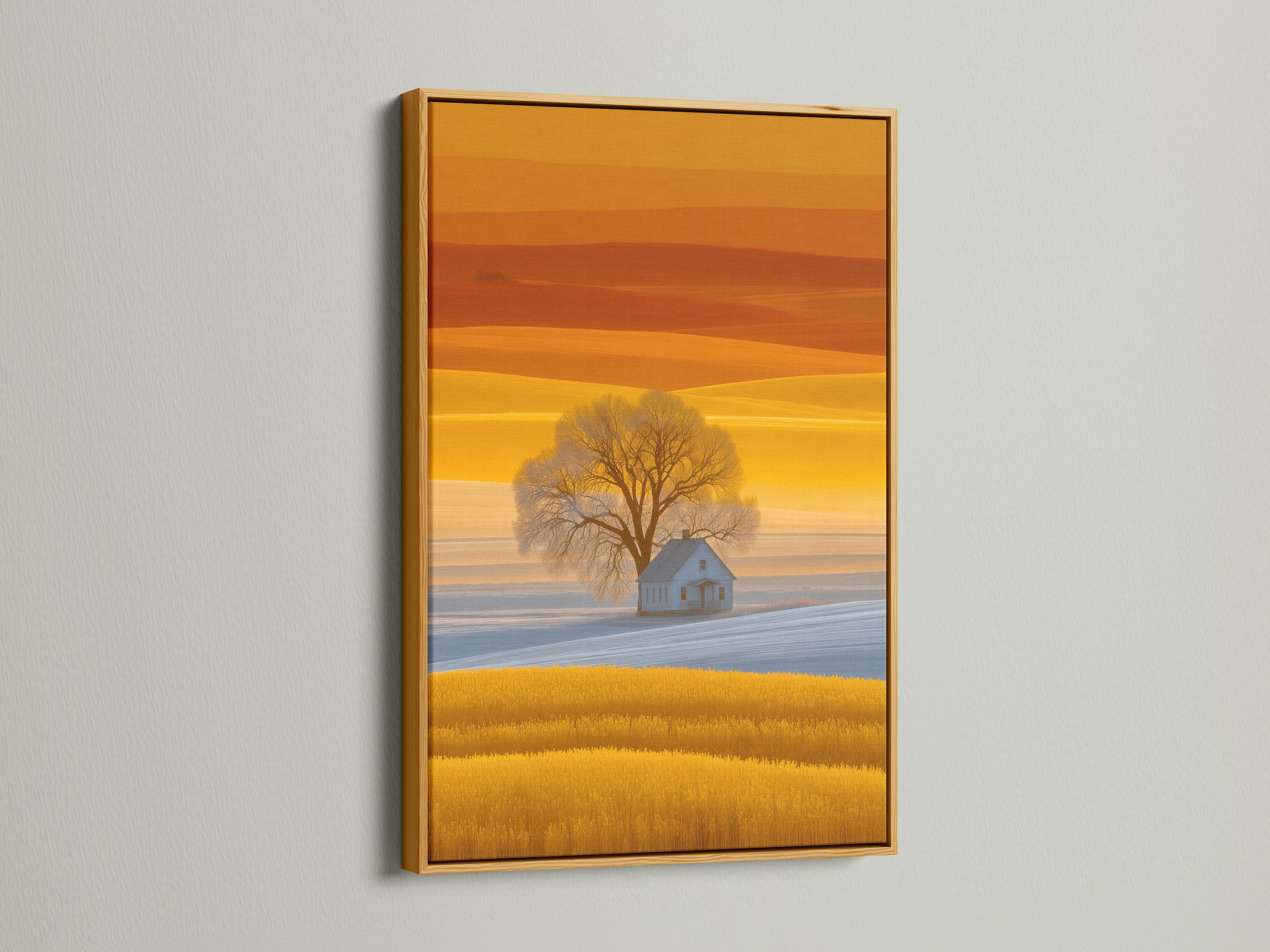 Elevate your decor with this gold framed farmhouse landscape canvas print. The golden field wall art and country house photography provide a scenic view. This nature print is perfect for your dining room. Add a touch of rustic art to your home.