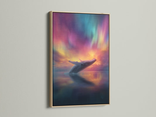Artwork featuring a whale breaching under the northern lights. The art is displayed in an oak frame. This frame enhances the artwork's natural beauty. Ideal for nature lovers. It adds a sophisticated touch to any room.