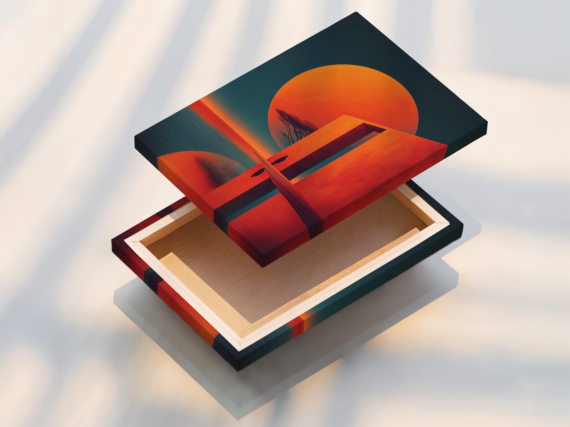 The stretched canvas print showcases the abstract sunset artwork. The modern geometric wall art is ready to hang. The coral orange hues bring warmth. This contemporary piece enhances any space. Perfect for homeowners seeking refined art. Elevate your decor with this stunning canvas print. Enjoy the beauty of this artwork in your home.