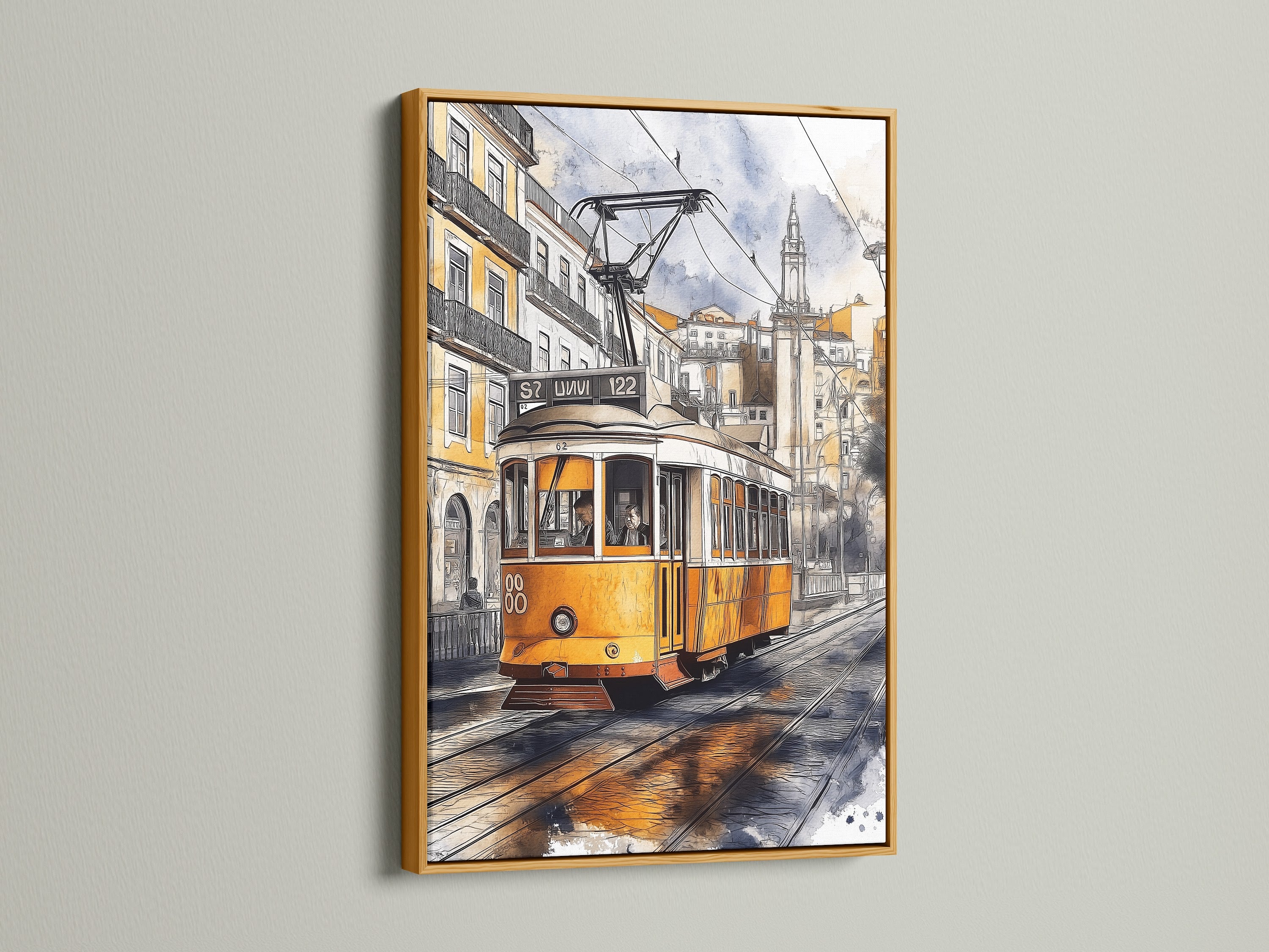 A gold frame elevates this vintage tram artwork capturing a lively Lisbon street. The yellow streetcar poster shines with a touch of luxury. Perfect for adding a sophisticated travel-themed element to your wall art collection. A stylish decor choice.