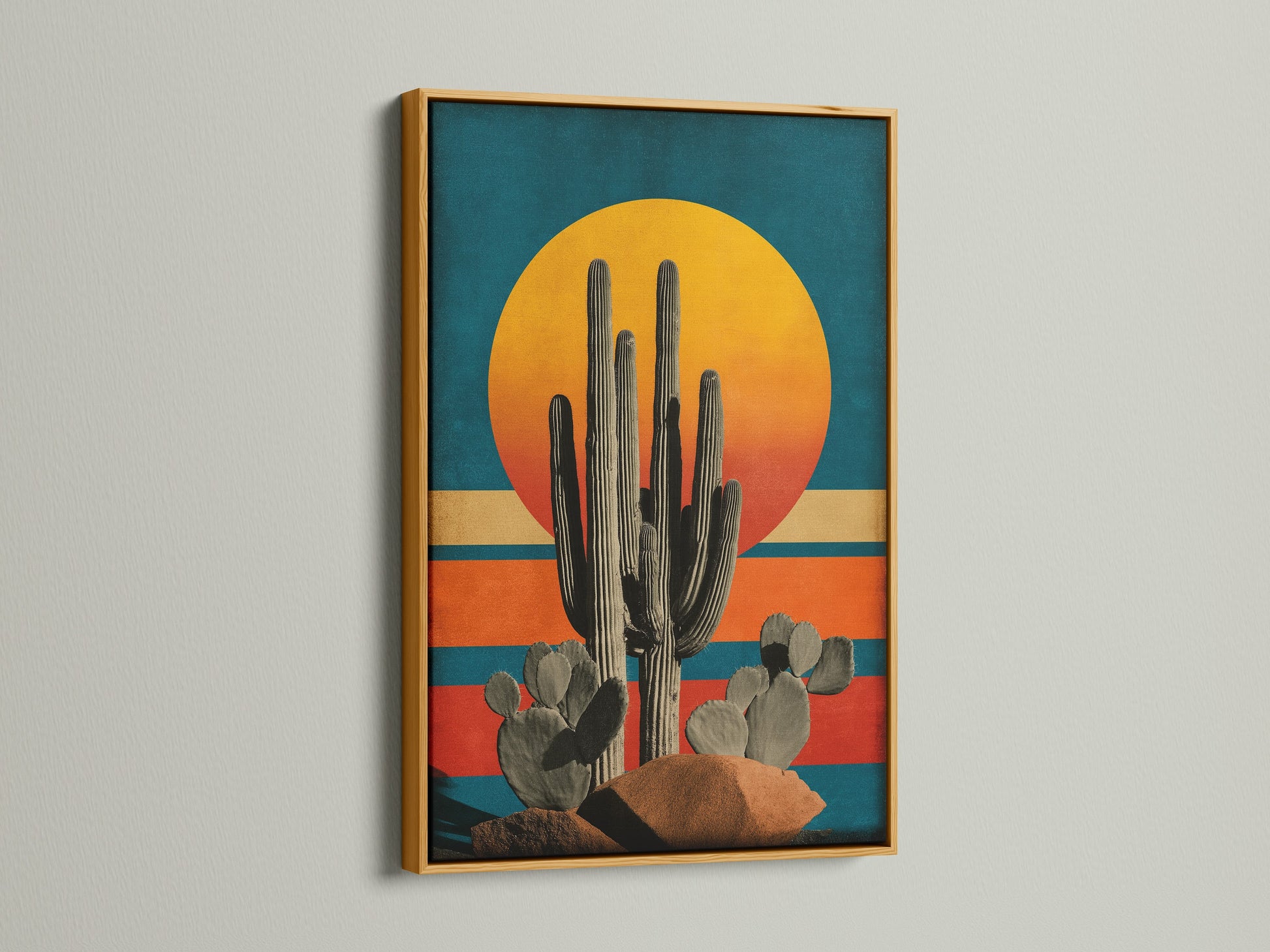 Bring warmth with a gold frame. The Southwestern decor adds a luxurious touch. This sunset art print is perfect for living rooms and lobbies. The artwork embodies the spirit of the desert. It is a timeless and elegant choice.