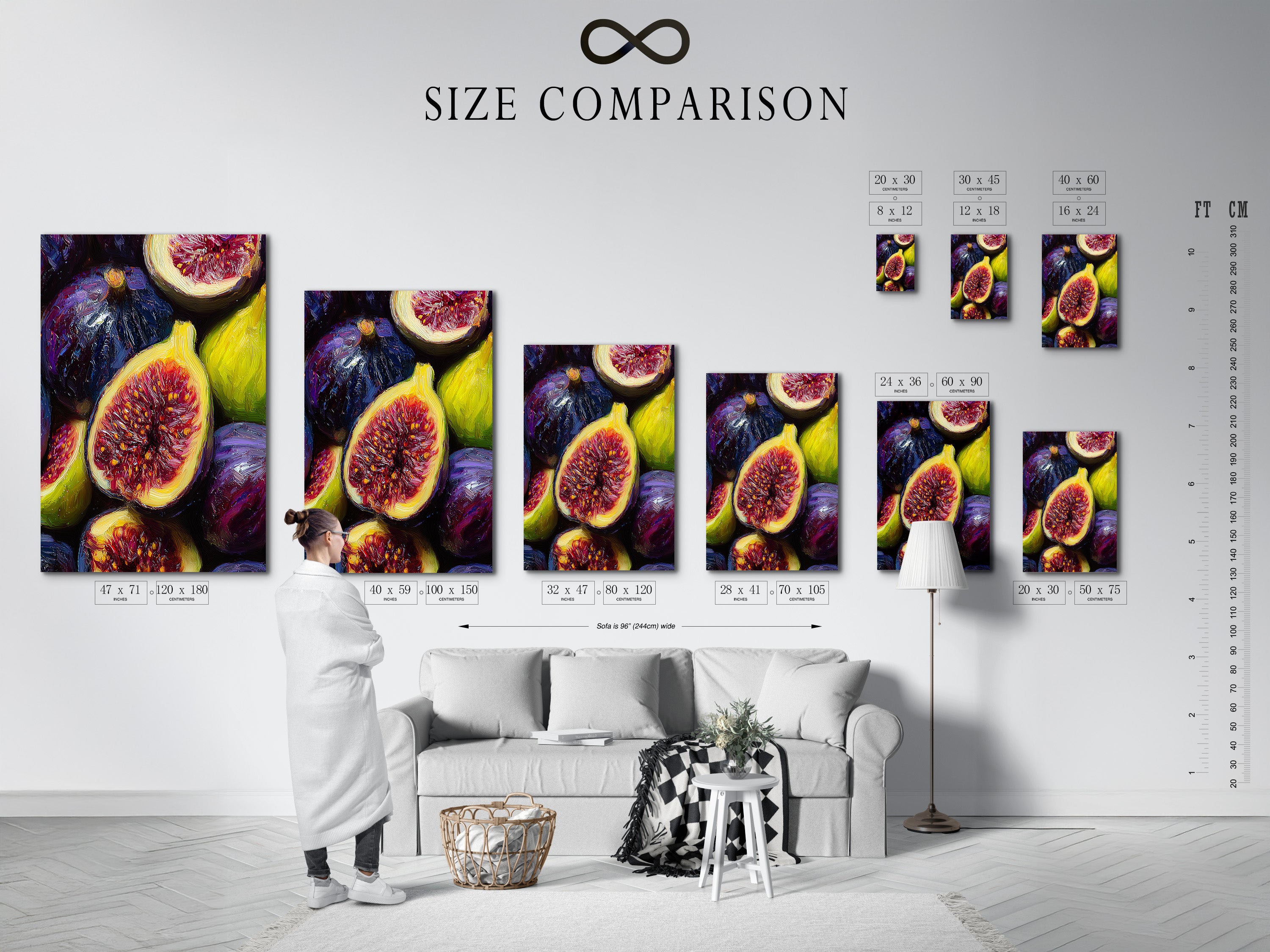 Size comparison chart shown in an interior setting. Visualize how different art sizes fit in your space. This chart guides you in making the perfect choice. Transform your home with perfectly sized artwork.