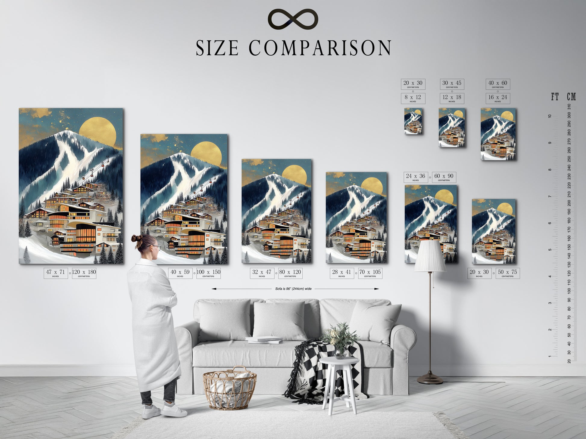 A size comparison chart is shown in an interior setting. It displays various sizes of the Alpine Village artwork. This helps you visualize the perfect fit for your space. It is suitable for living room wall art.