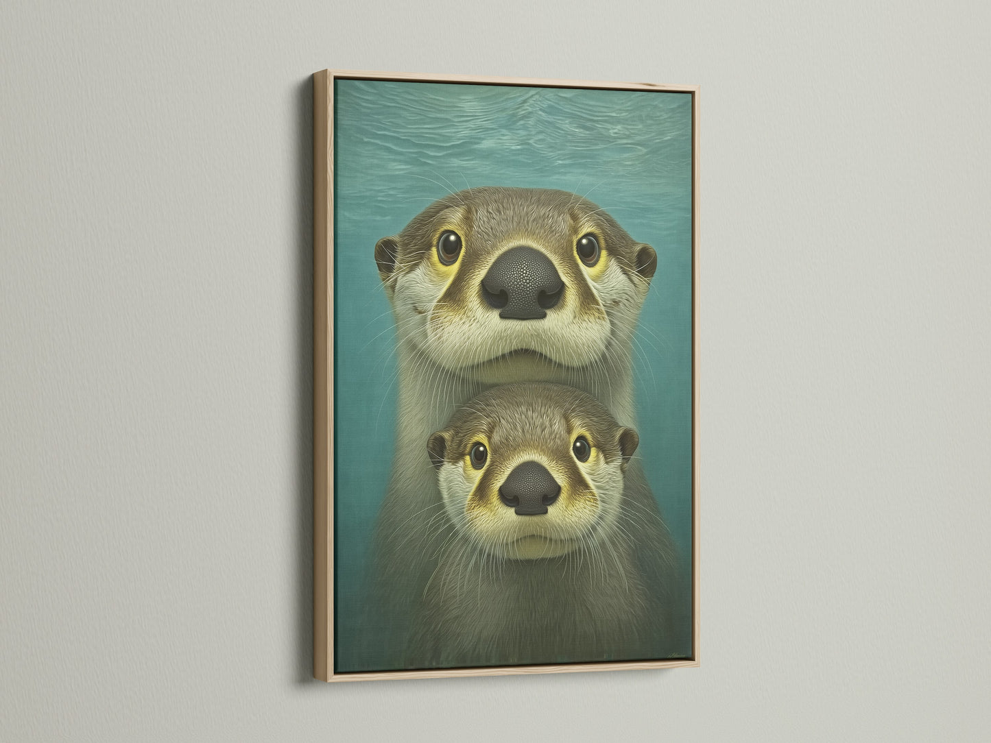An endearing otter art print is showcased in an oak frame. The teal wall art is a perfect addition to coastal decor. Bring cute animals into your kids room or nursery with this delightful animal canvas.