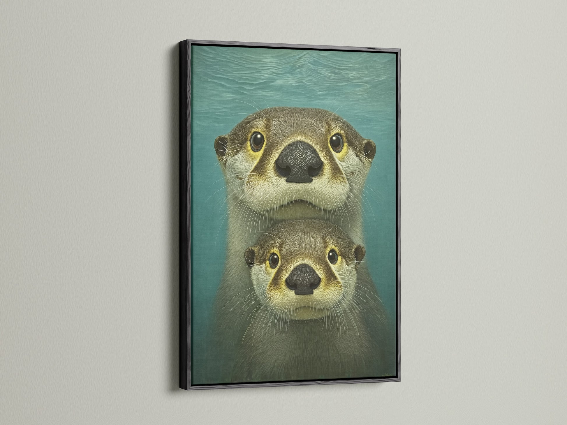 A black frame highlights this cute otter artwork. The teal blue coastal artwork enhances nursery decor. This animal canvas is perfect for adding a touch of whimsy to kids' rooms or family spaces. A charming piece for ocean art lovers.