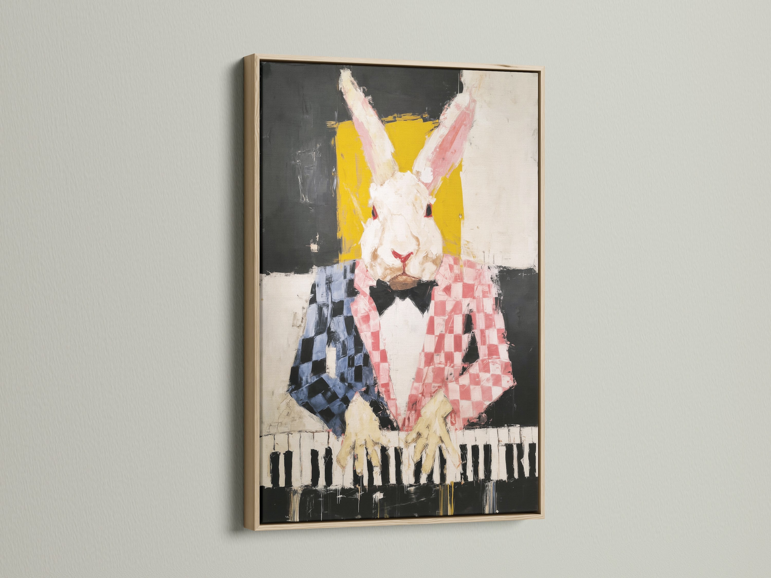 The rabbit pianist artwork is beautifully showcased in an oak frame. This animal musician art piece adds a touch of whimsy to any space. The oak frame enhances the colorful rabbit print. Perfect for adding a quirky touch to your wall art. This abstract animal art is ideal for music-themed decor.