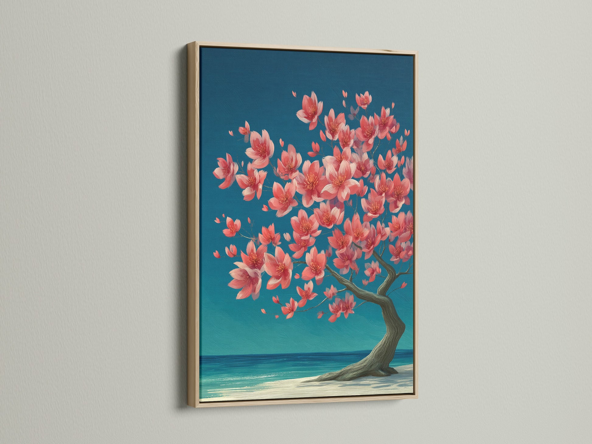 This oak frame enhances the cherry blossom tree artwork. This beautiful piece blends coral pink florals with teal ocean hues. It's ideal for adding a serene touch to your bedroom or living room wall decor.