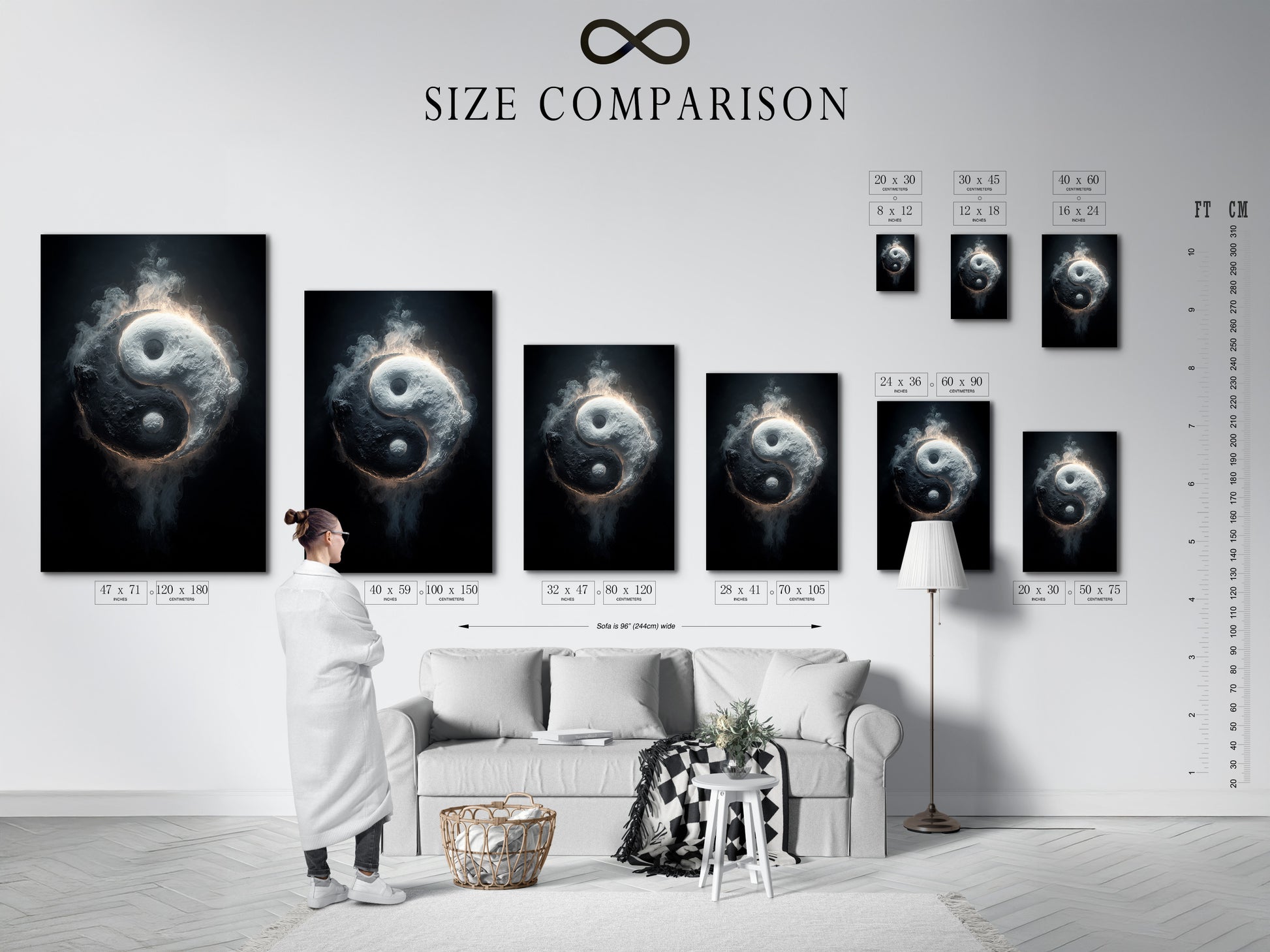 A size comparison chart displayed in an interior setting. Visualize the perfect art size for your space. This chart helps you choose the right dimensions. Find the ideal fit for your walls with framed art. Transform your home with perfectly sized artwork.