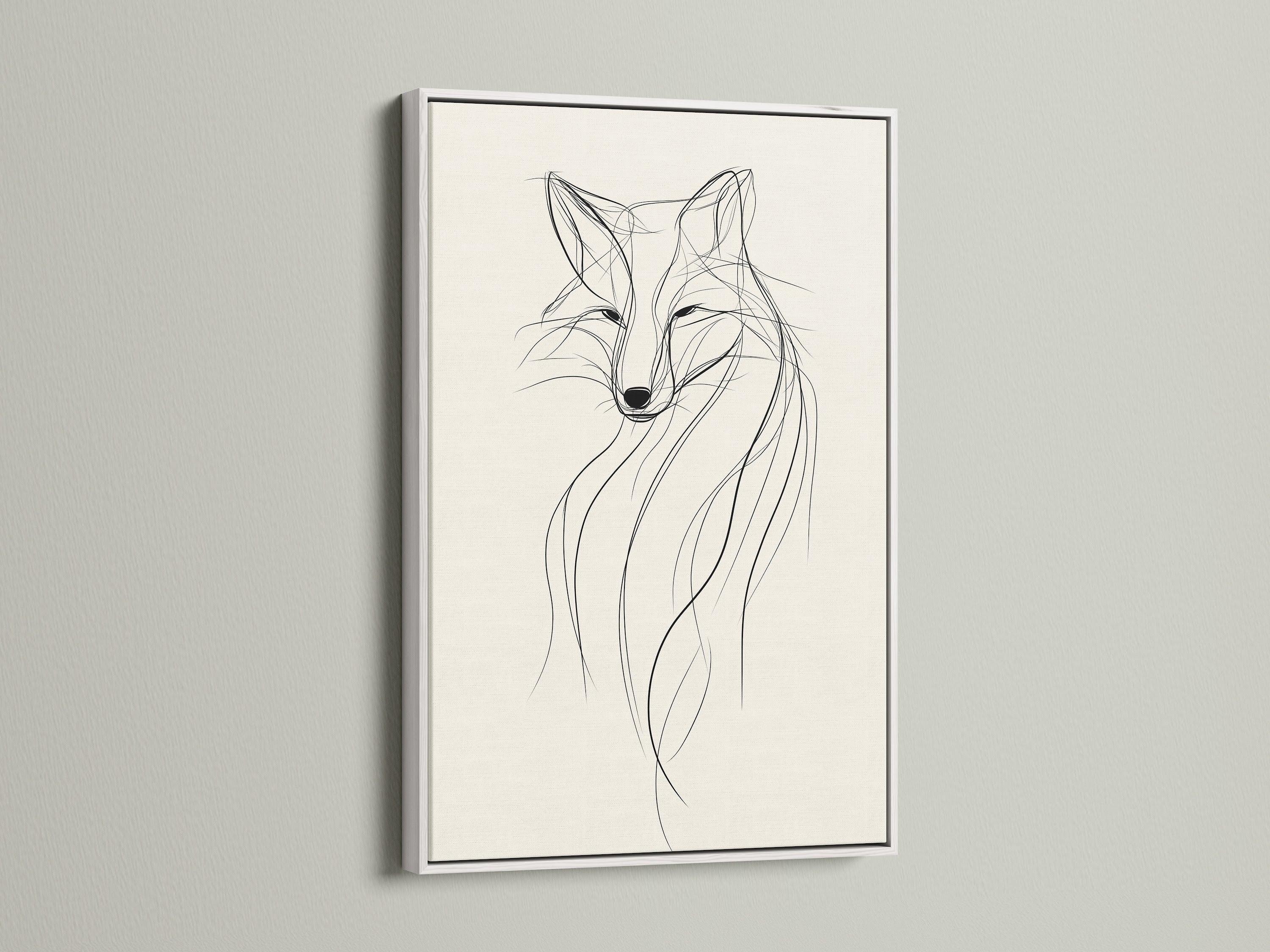 A minimalist fox line artwork is presented in a clean white frame. The white frame offers a fresh contemporary look. This fox artwork is ideal for brightening any room. It makes a subtle statement in modern homes. Suitable for minimalist and Scandinavian interiors.