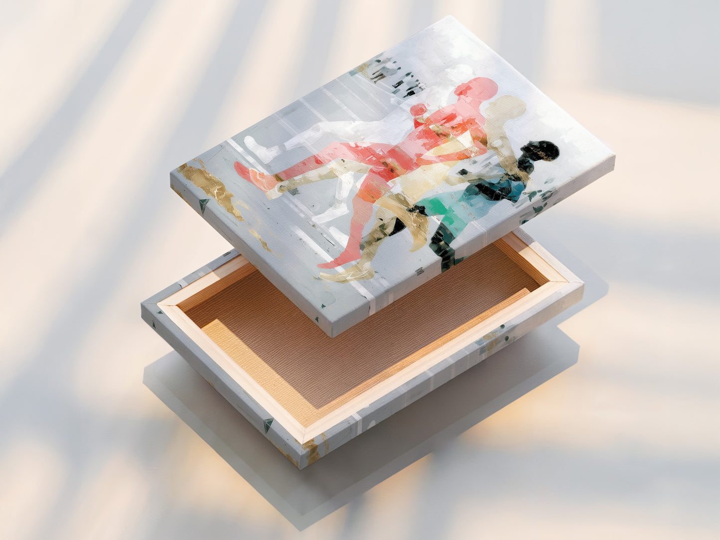 A stretched canvas print featuring the Abstract Runners artwork. The contemporary figure art print is ready to hang. This modern sports wall art adds a dynamic touch to any room. The stretched canvas enhances the visual impact of this runner artwork.
