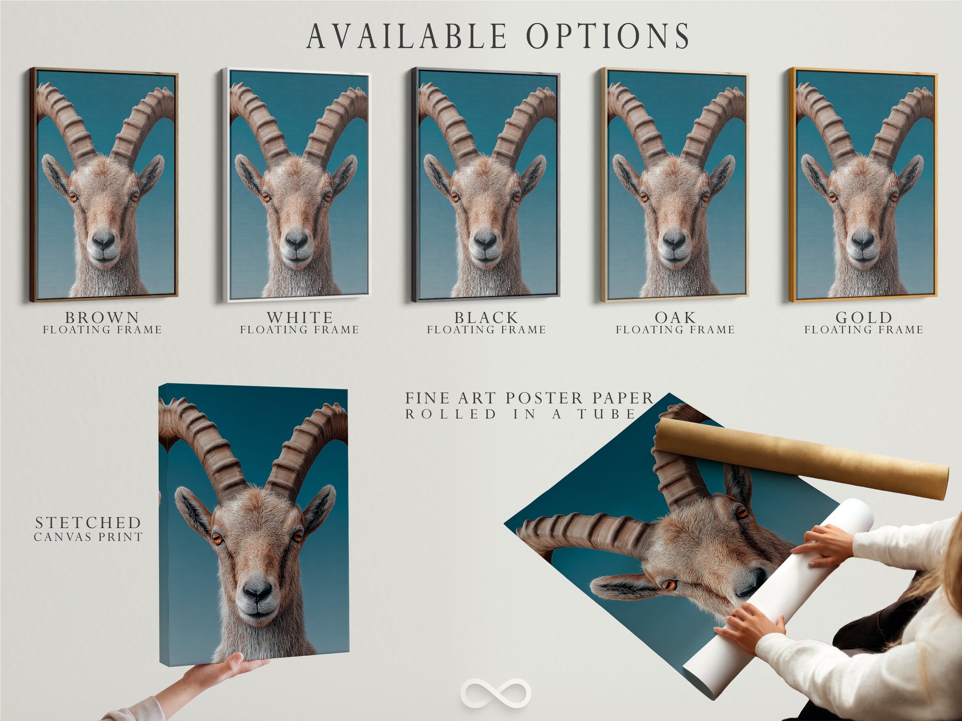 Available options include stretched canvas prints. Fine art poster paper and floating frames are available. Choose the perfect format for your artwork. Customize your display to match your style. Explore the variety of art display options.
