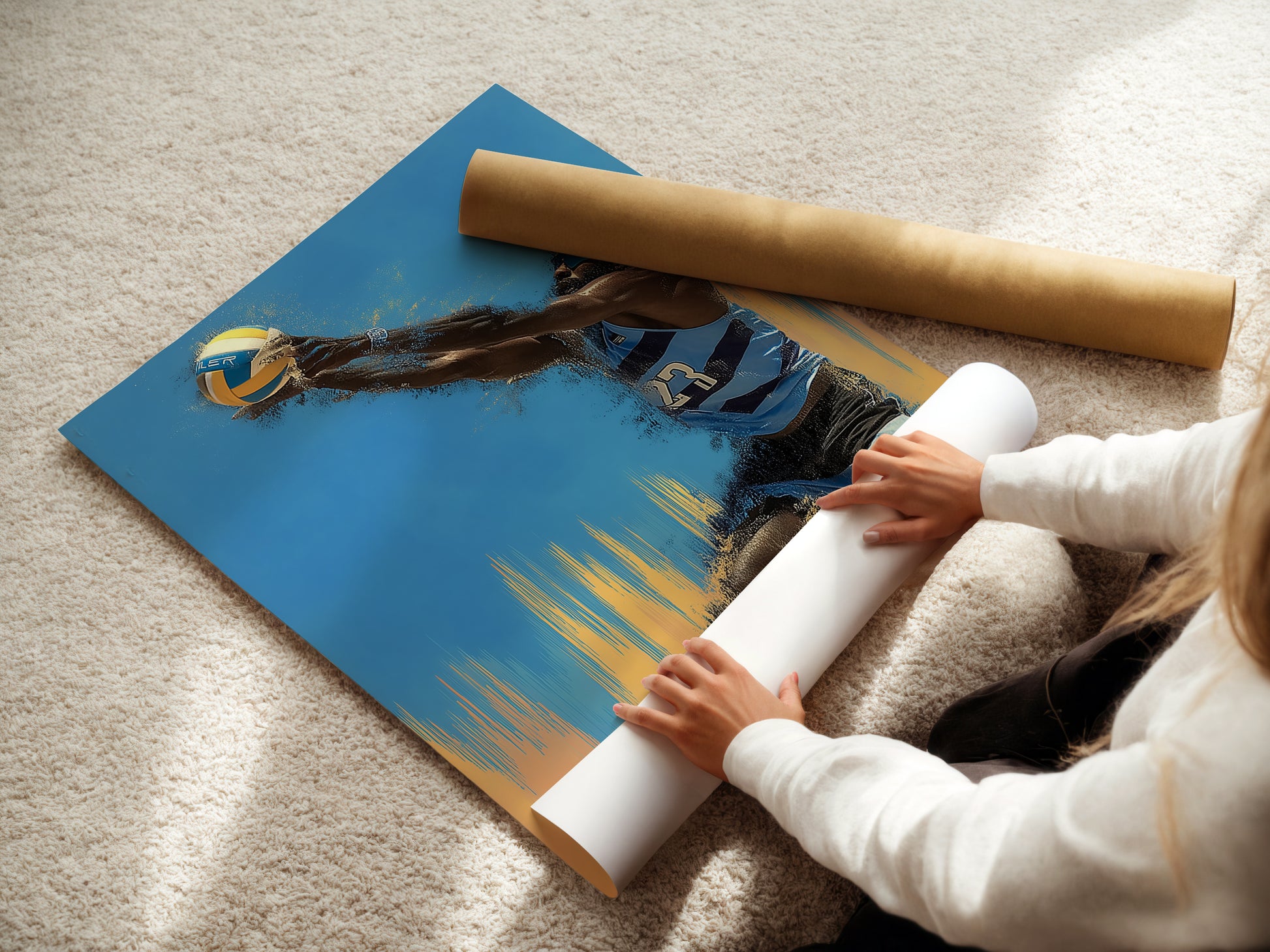 A woman is carefully rolling a fine art poster paper. This ensures the volleyball sports artwork remains pristine. High-quality printing and careful handling guarantee a perfect product. Order yours today.