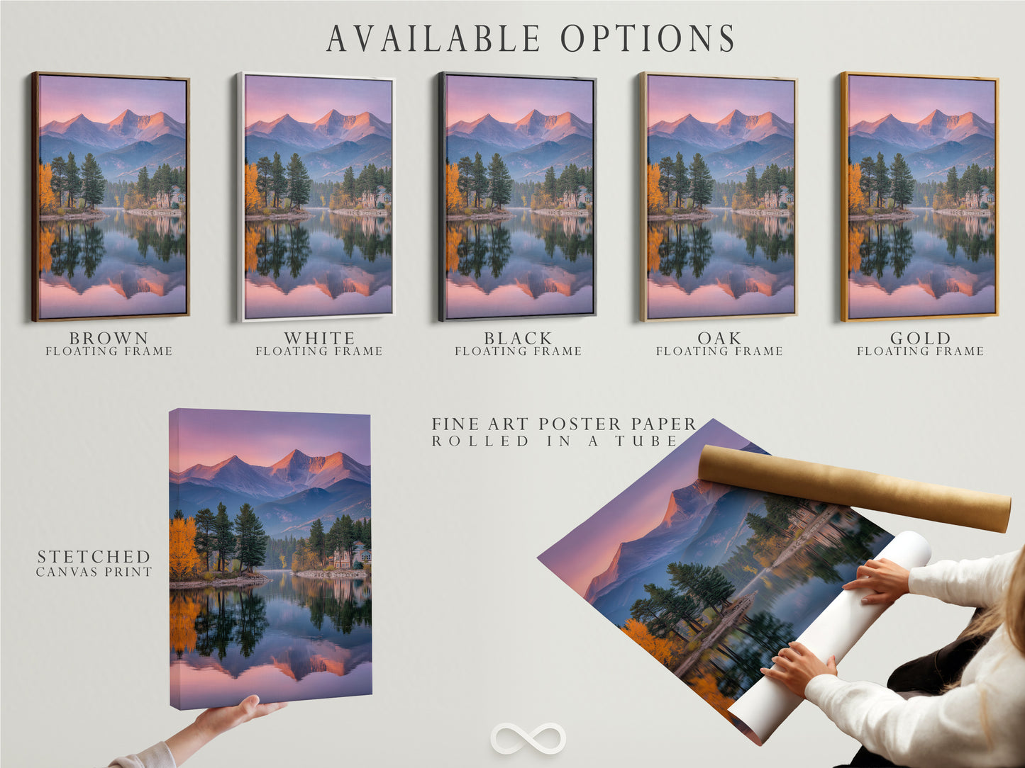 Explore available options for this mountain lake artwork. Choose from a stretched canvas print fine art poster paper or floating frame. Each option enhances the serene landscape. This piece is perfect for your wall decoration.