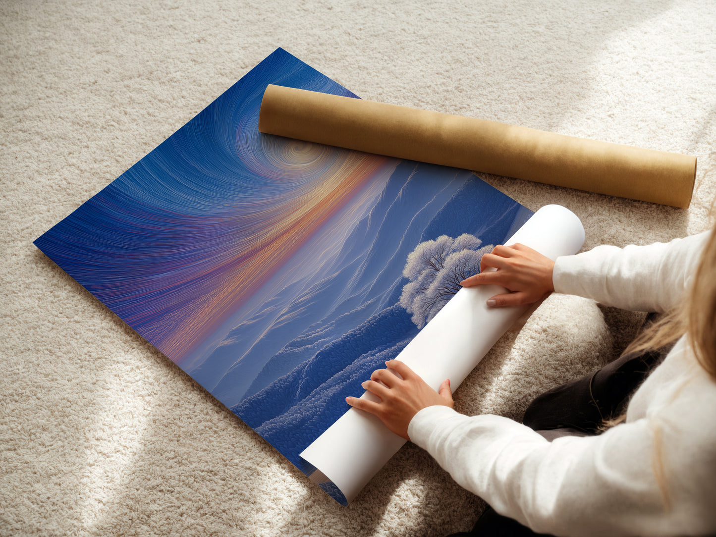 A woman carefully rolls a fine art poster paper. High-quality paper ensures your art looks its best. Proper handling preserves the integrity of the print. Fine art paper enhances color and detail.
