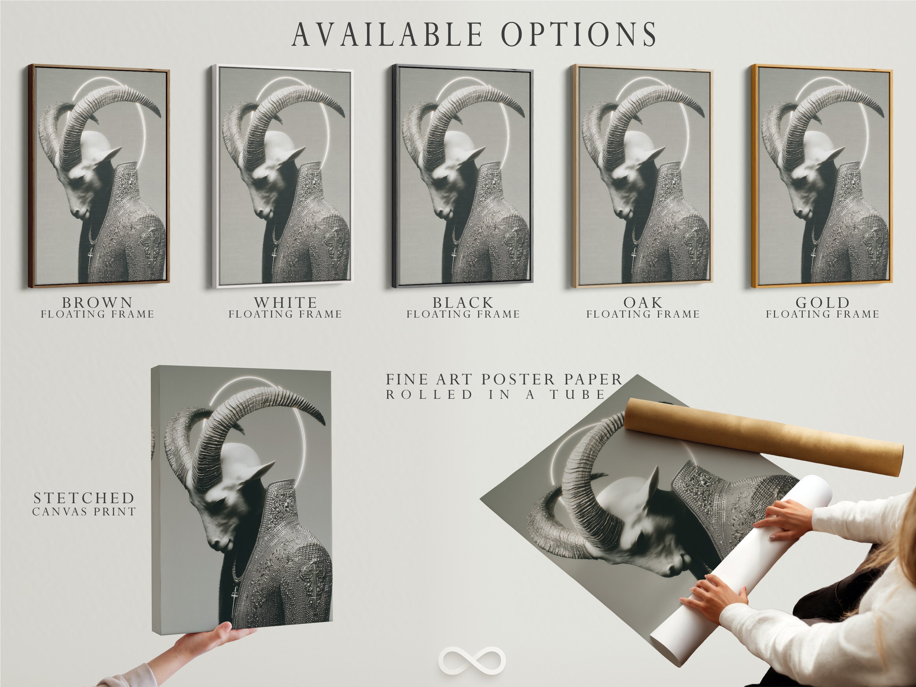 Available options for the Gothic Horned Figure Art. Choose between a stretched canvas print. Select fine art poster paper. Explore the floating frame option. Find the perfect medium for your mystical artwork and dark portrait.