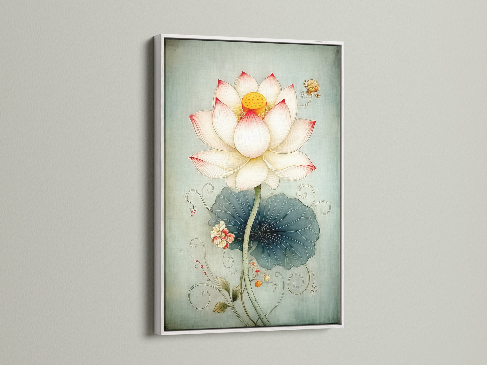Lotus Flower artwork with a white frame. The botanical print enhances your living room bedroom or meditation room. This Asian inspired wall art creates a peaceful atmosphere. Perfect for zen decor and serene art.