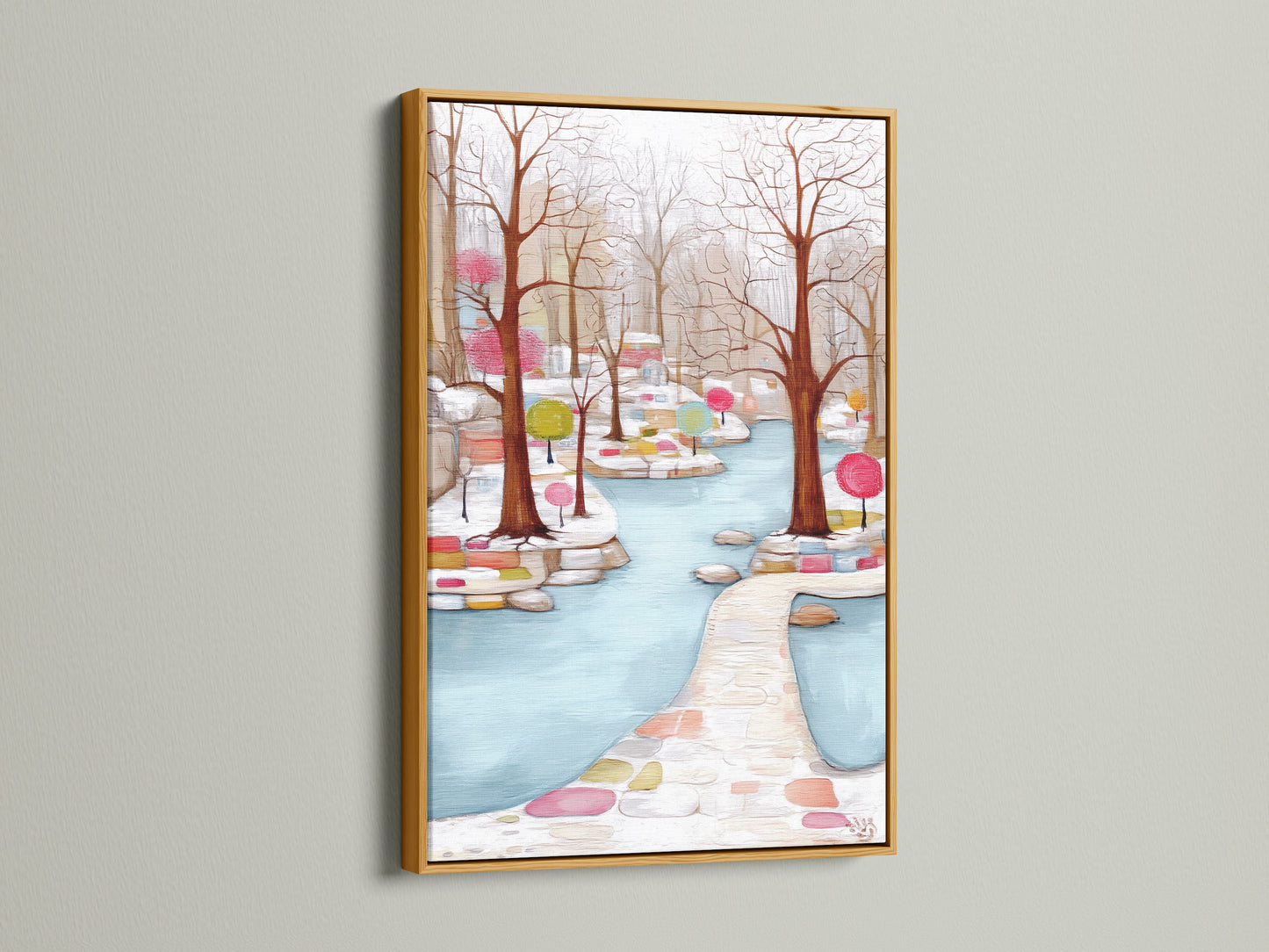 Here is the Winter Garden colorful trees art. The artwork is displayed in a gold frame. A nature inspired art that is perfect for any space. It is ideal for studies and reading nooks. Get your winter season art today.