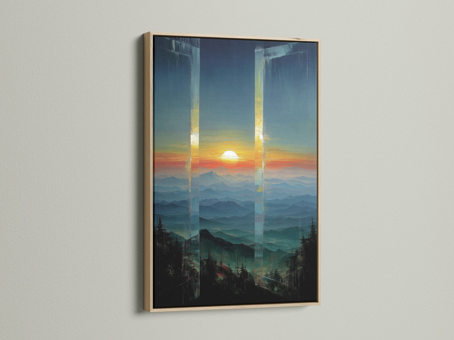 Mountain Sunset Canvas Artwork with an oak frame. This landscape print showcases a beautiful sunset scene. The teal and orange colors create a calming atmosphere. Ideal modern artwork for minimalist spaces.